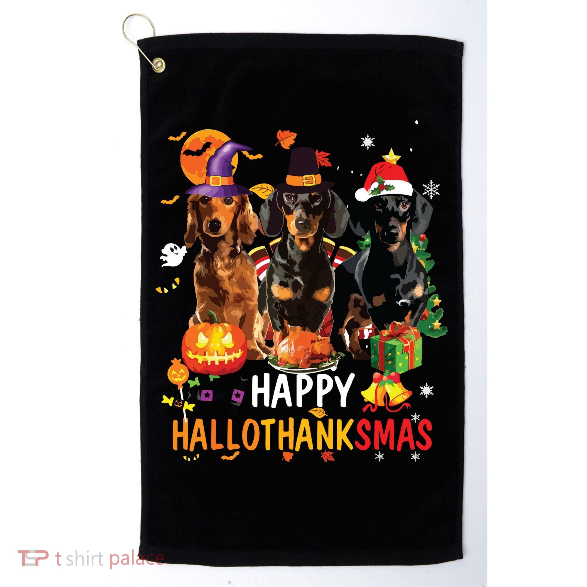 Dachshund Dog Halloween Merry Christmas Happy Hallothanksmas Golf Towel