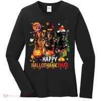 Dachshund Dog Halloween Merry Christmas Happy Hallothanksmas Women's Long Sleeve Shirt thumb 0