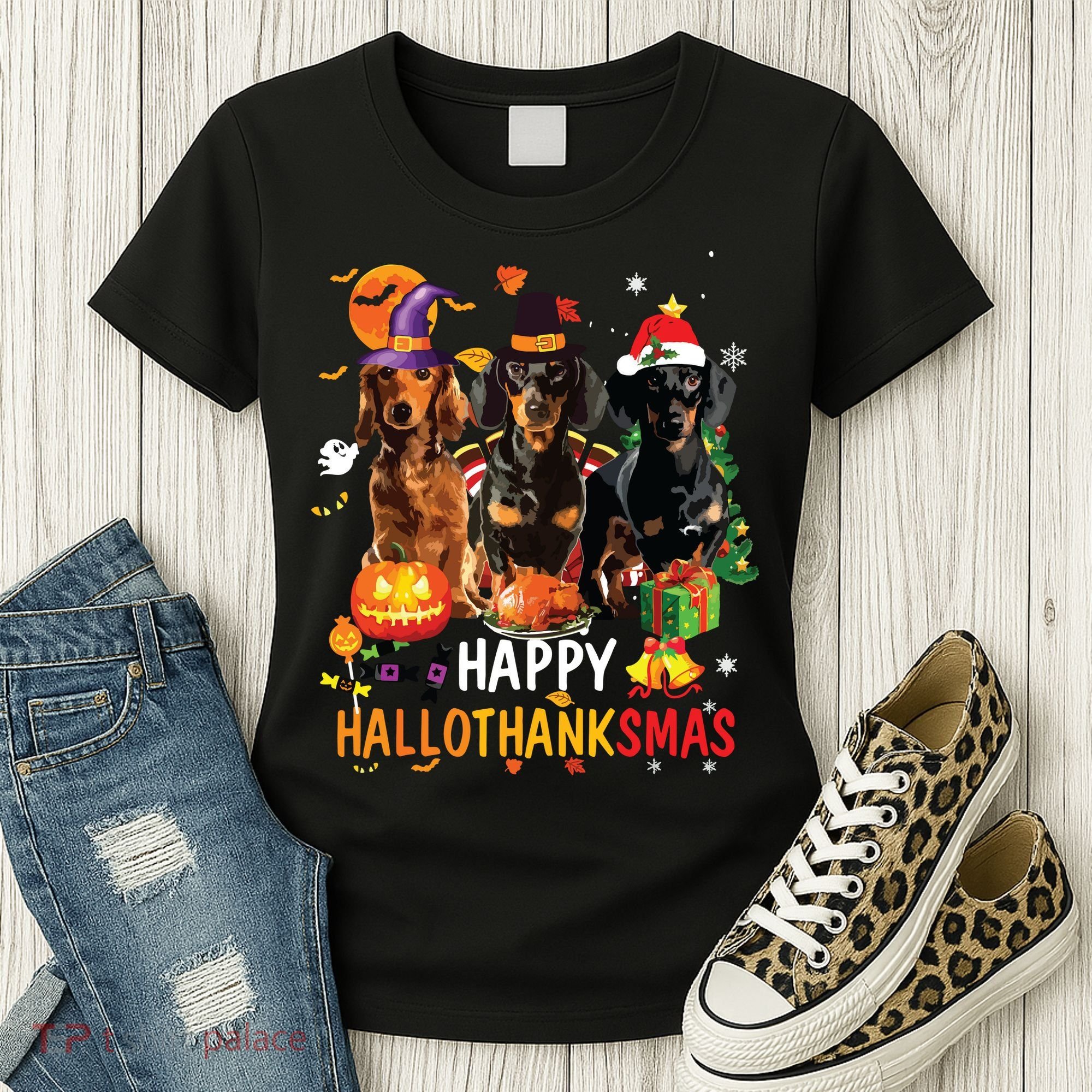 Dachshund Dog Halloween Merry Christmas Happy Hallothanksmas Women's T-Shirt