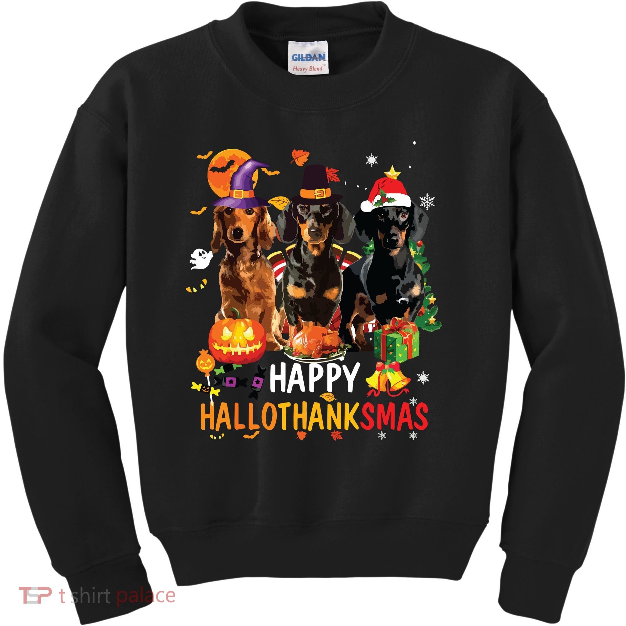 Dachshund Dog Halloween Merry Christmas Happy Hallothanksmas Kids Sweatshirt