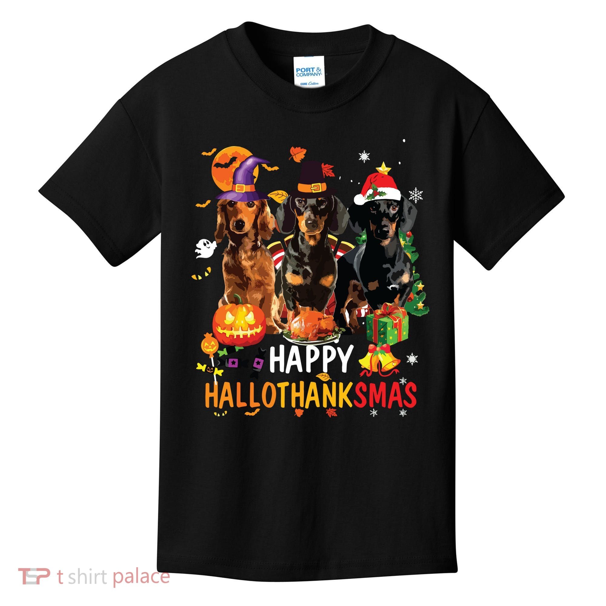 Dachshund Dog Halloween Merry Christmas Happy Hallothanksmas Kids T-Shirt