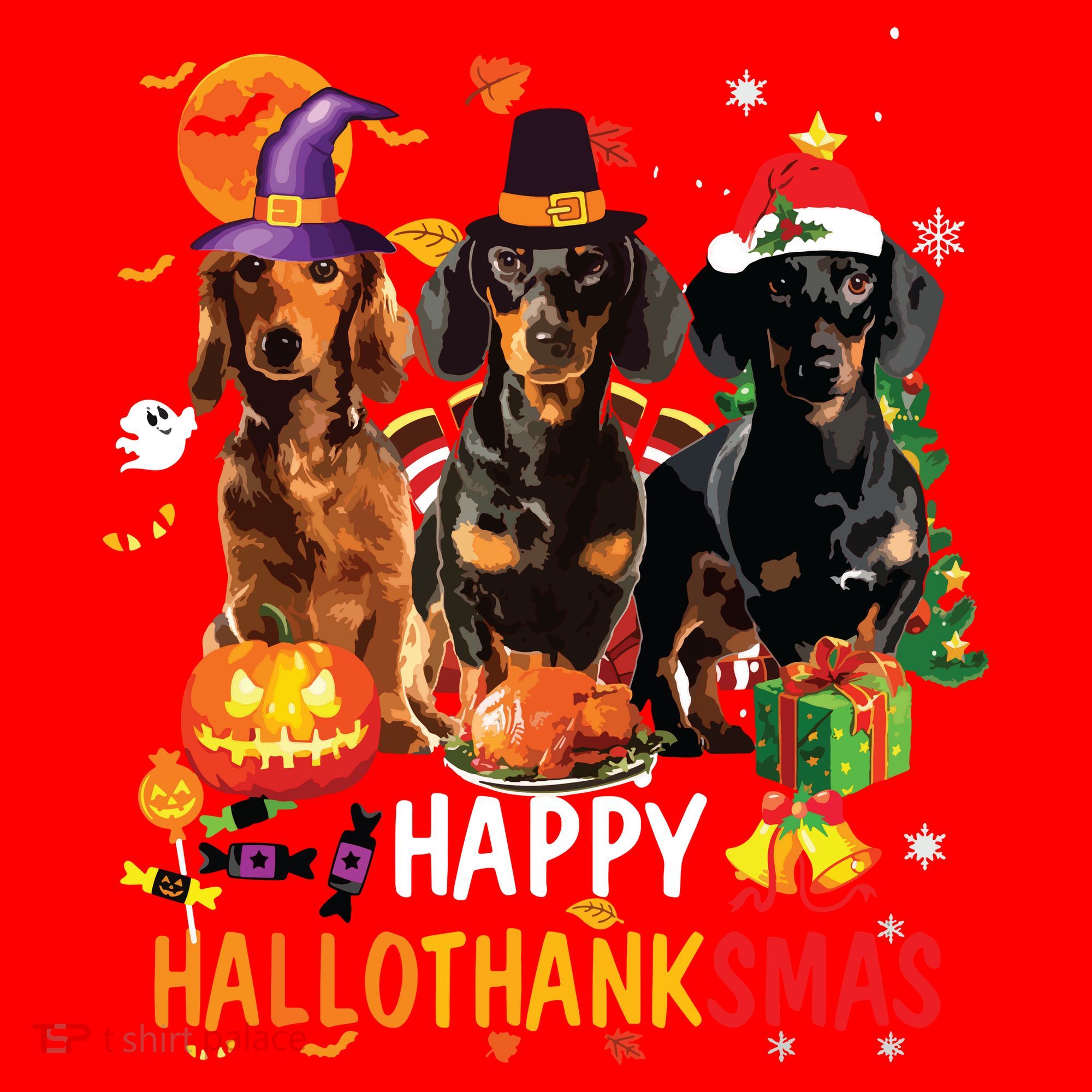 Dachshund Dog Halloween Merry Christmas Happy Hallothanksmas Santa Hat