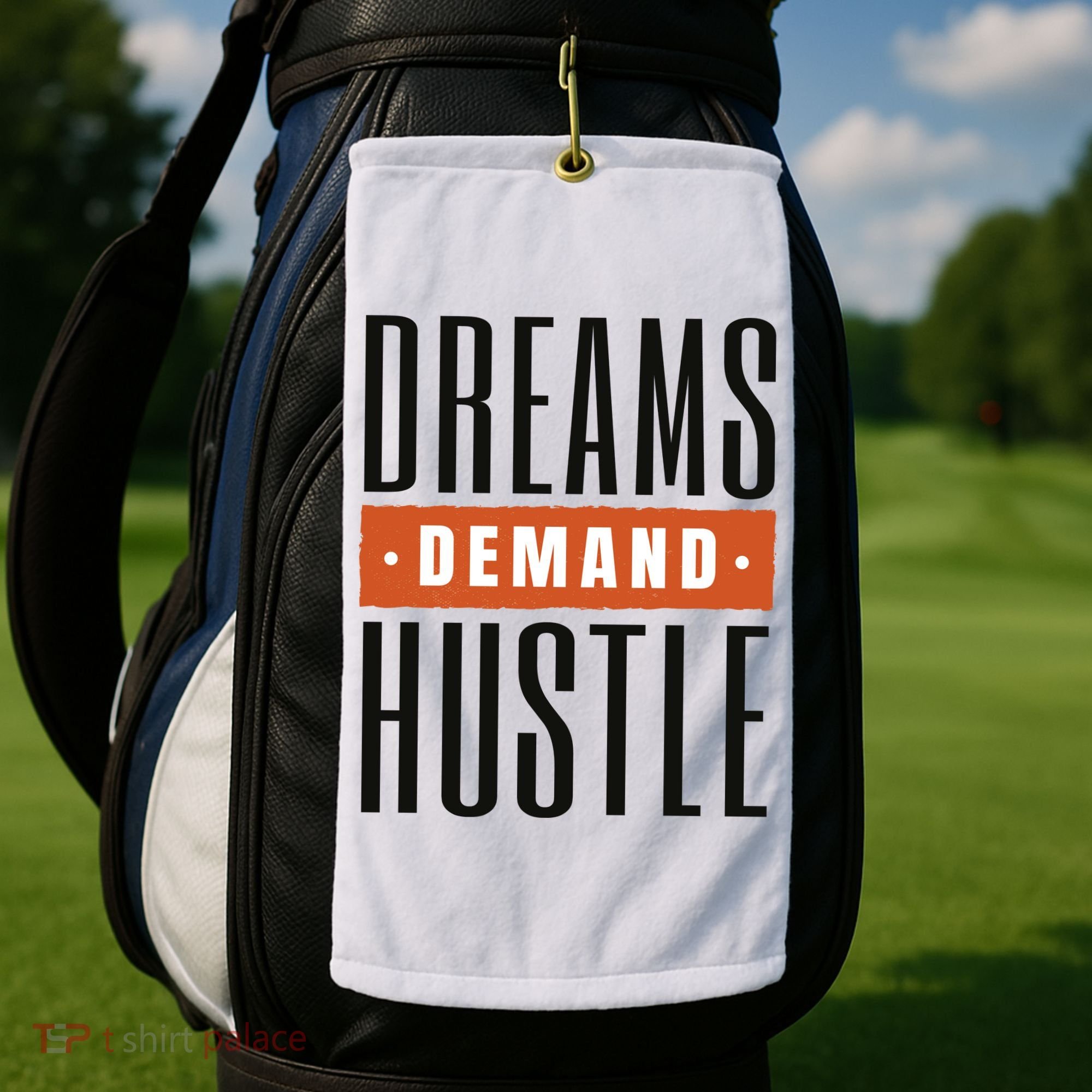Dreams Demand Hustle Motivational Quote Golf Towel