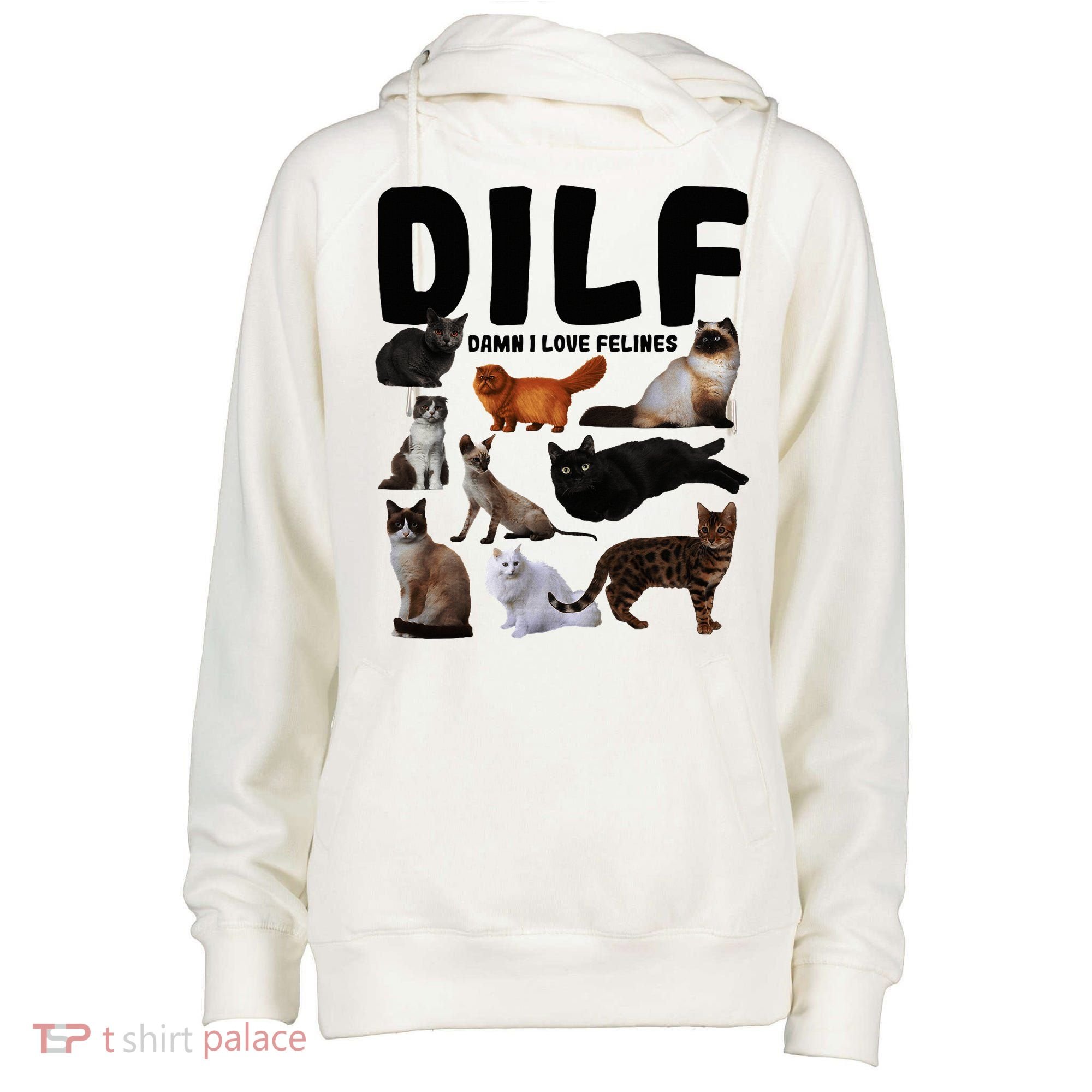 Dilf Damn I Love Felines Funny Cat Kitty Lover Womens Funnel Neck Pullover Hood