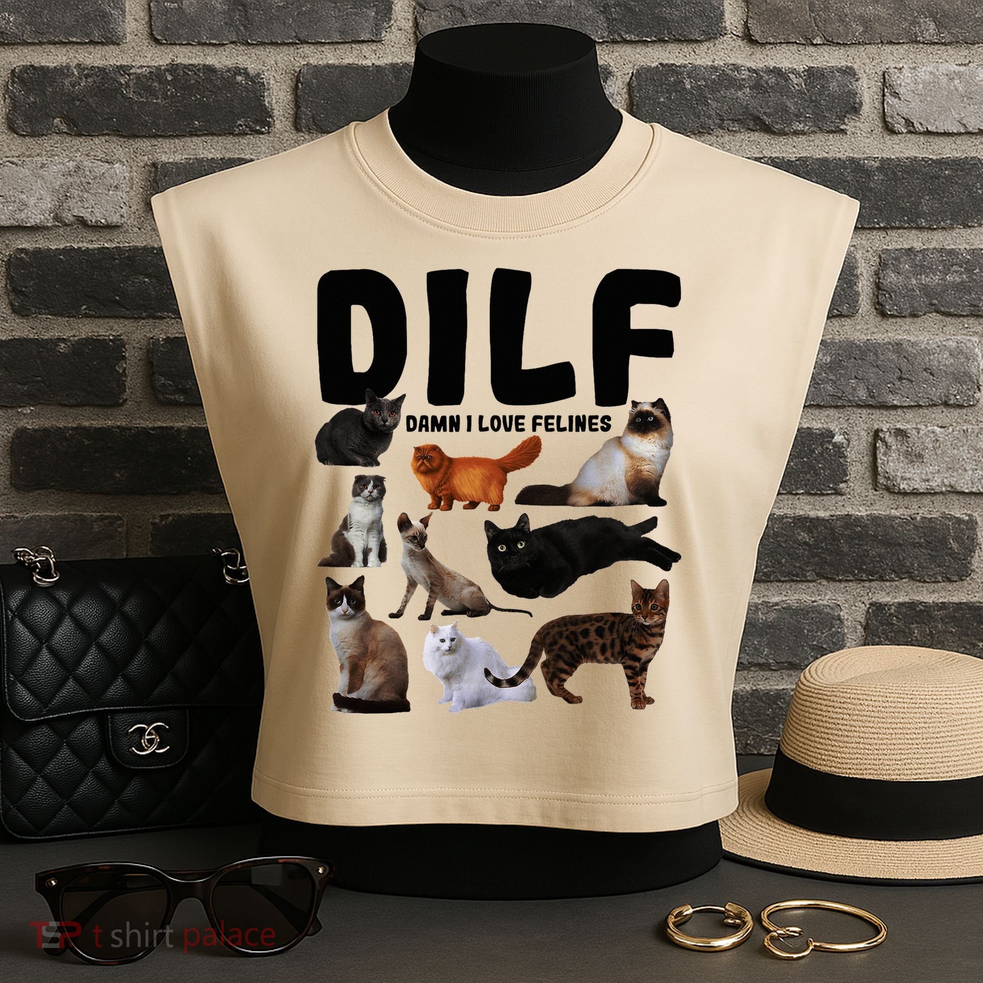 Dilf Damn I Love Felines Funny Cat Kitty Lover Garment-Dyed Women's Muscle Tee