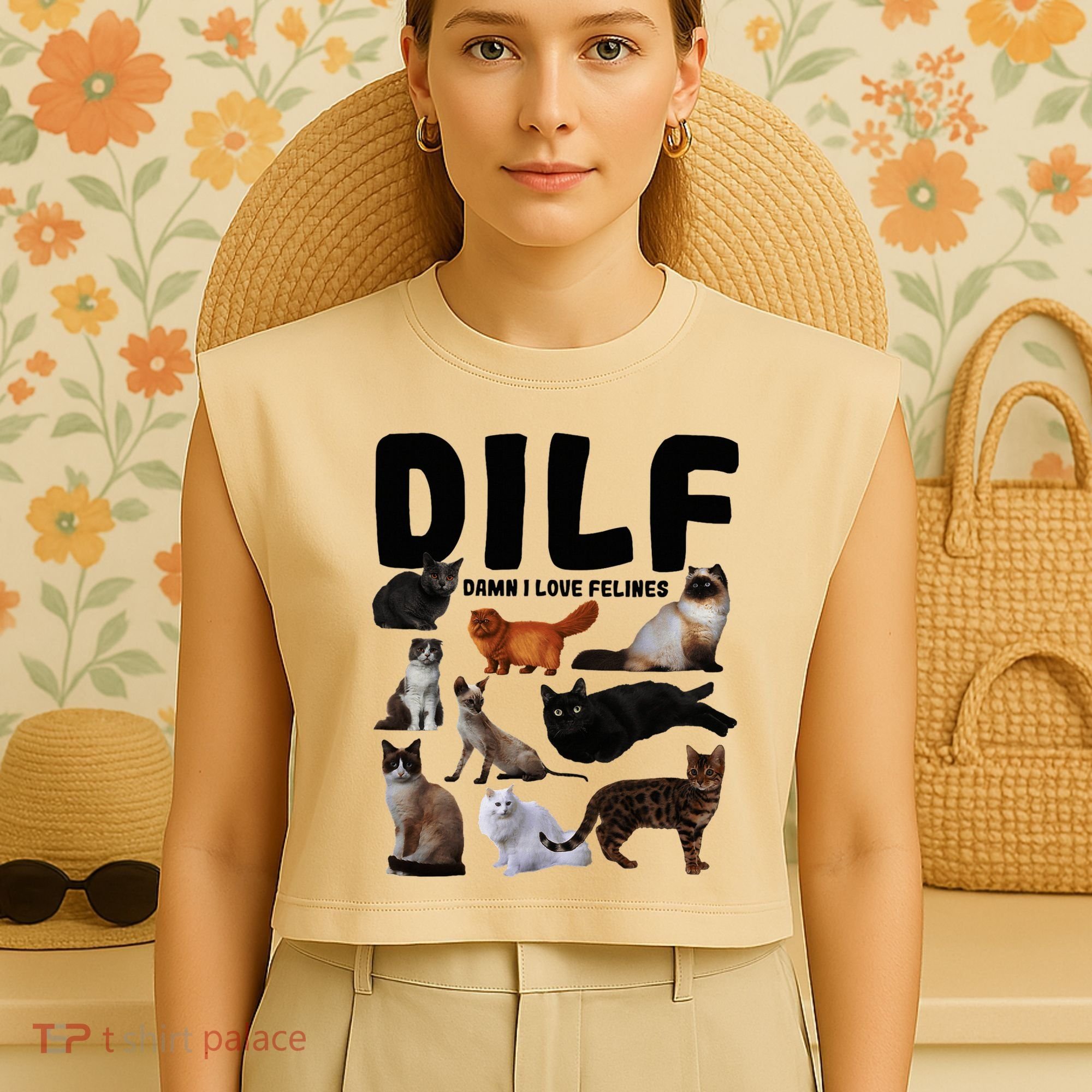 Dilf Damn I Love Felines Funny Cat Kitty Lover Garment-Dyed Women's Muscle Tee