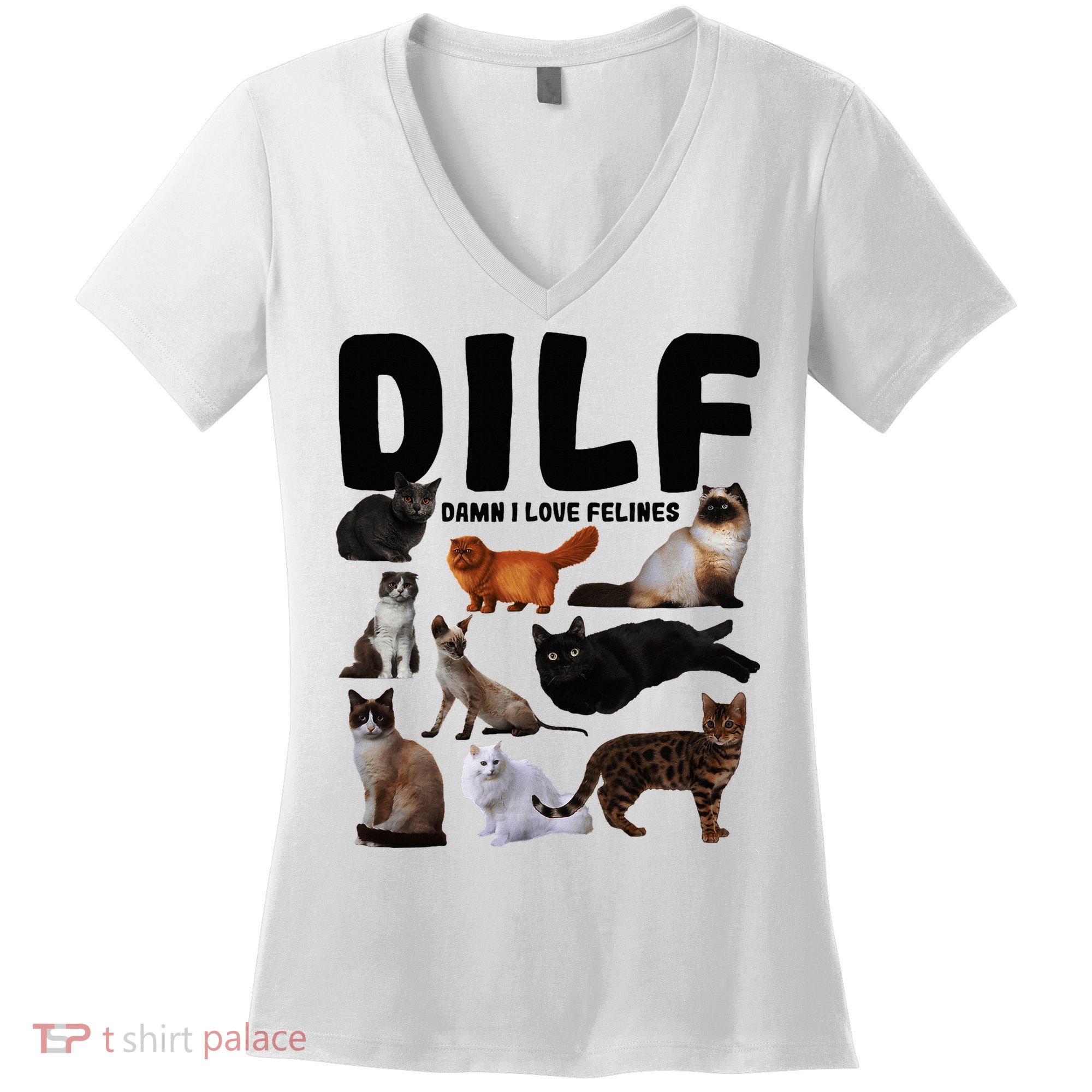 Dilf Damn I Love Felines Funny Cat Kitty Lover Women's V-Neck T-Shirt