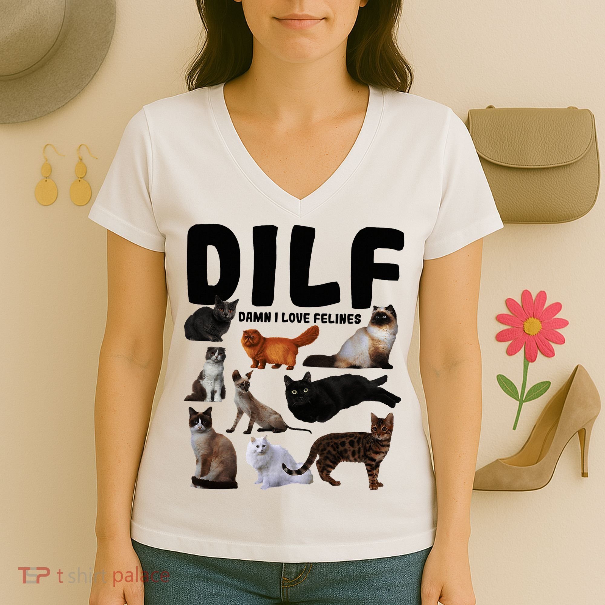 Dilf Damn I Love Felines Funny Cat Kitty Lover Women's V-Neck T-Shirt
