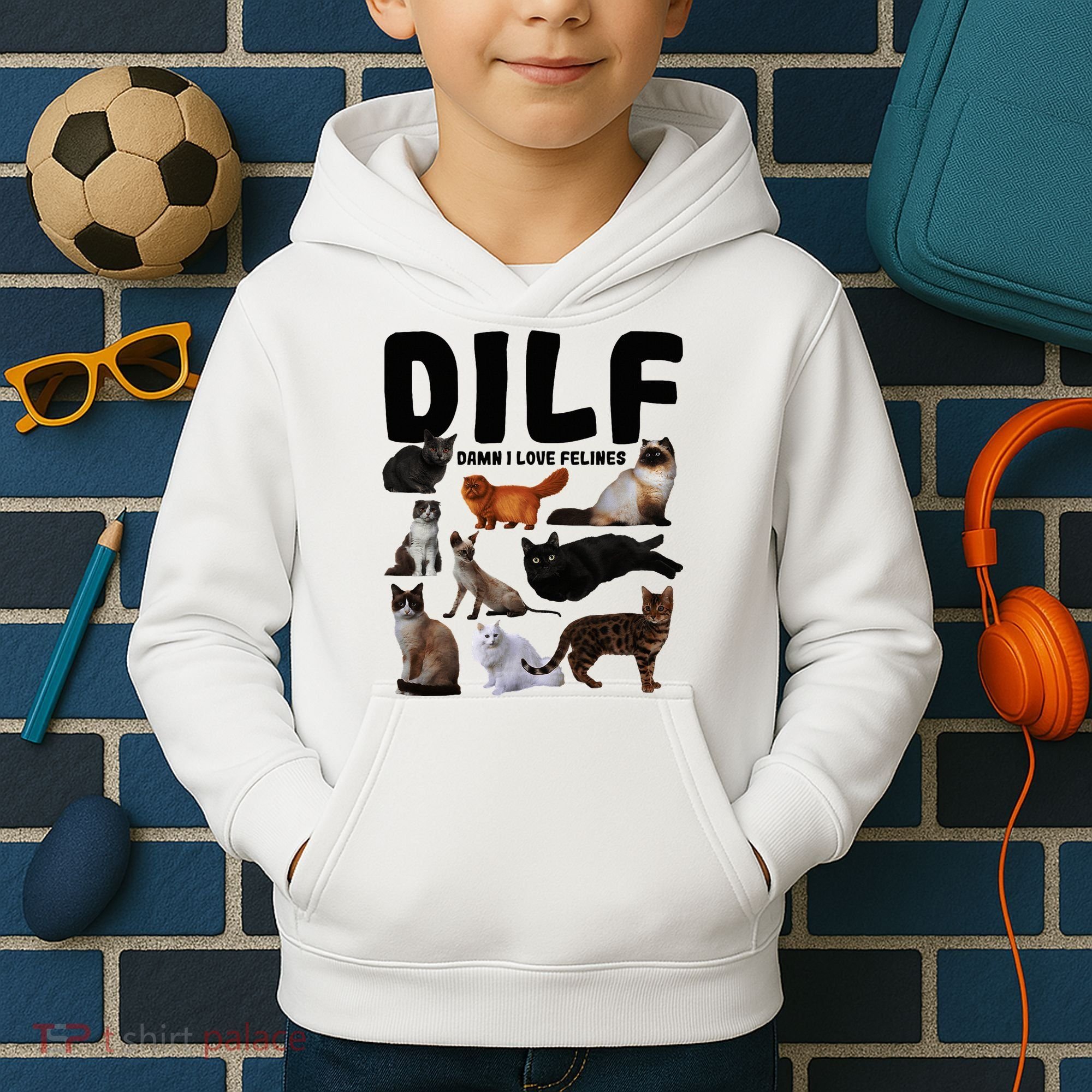 Dilf Damn I Love Felines Funny Cat Kitty Lover Kids Hoodie