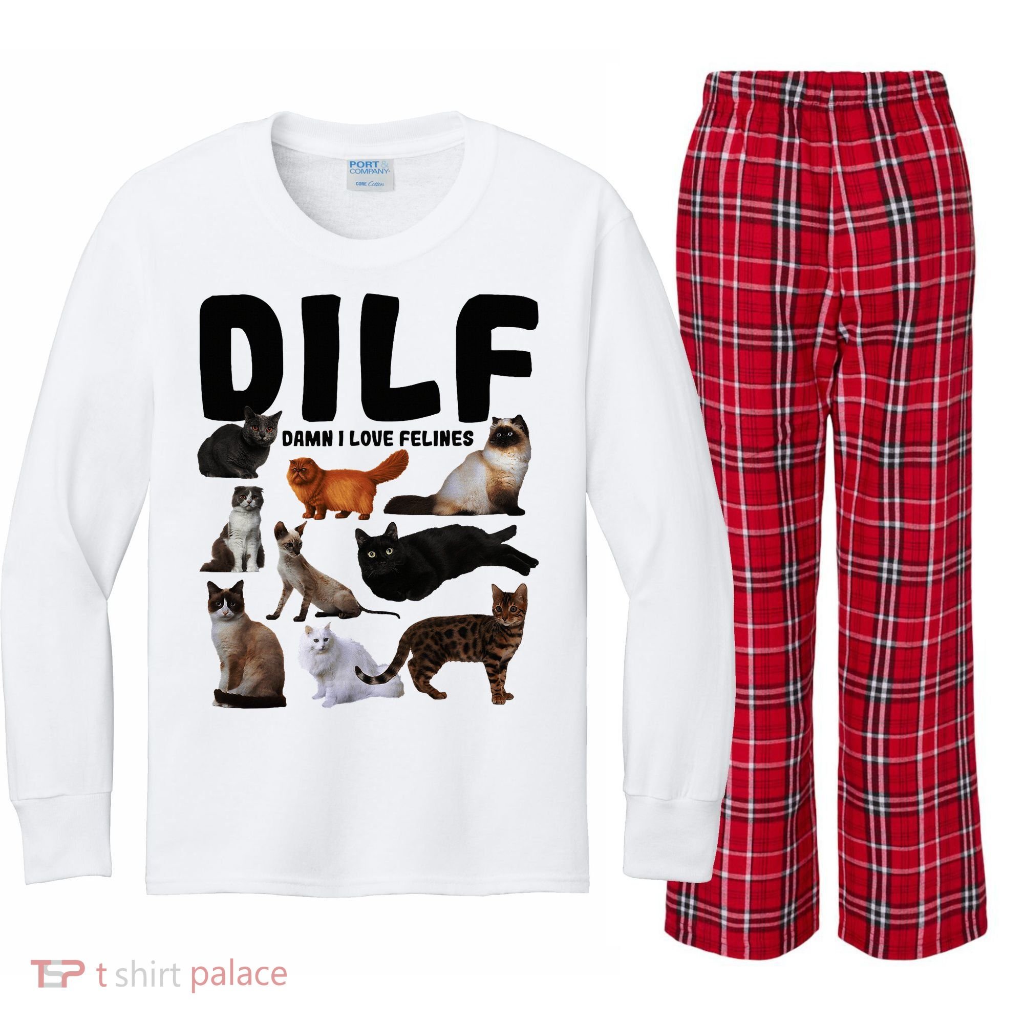 Dilf Damn I Love Felines Funny Cat Kitty Lover Kids Long Sleeve Plaid Pajama Set