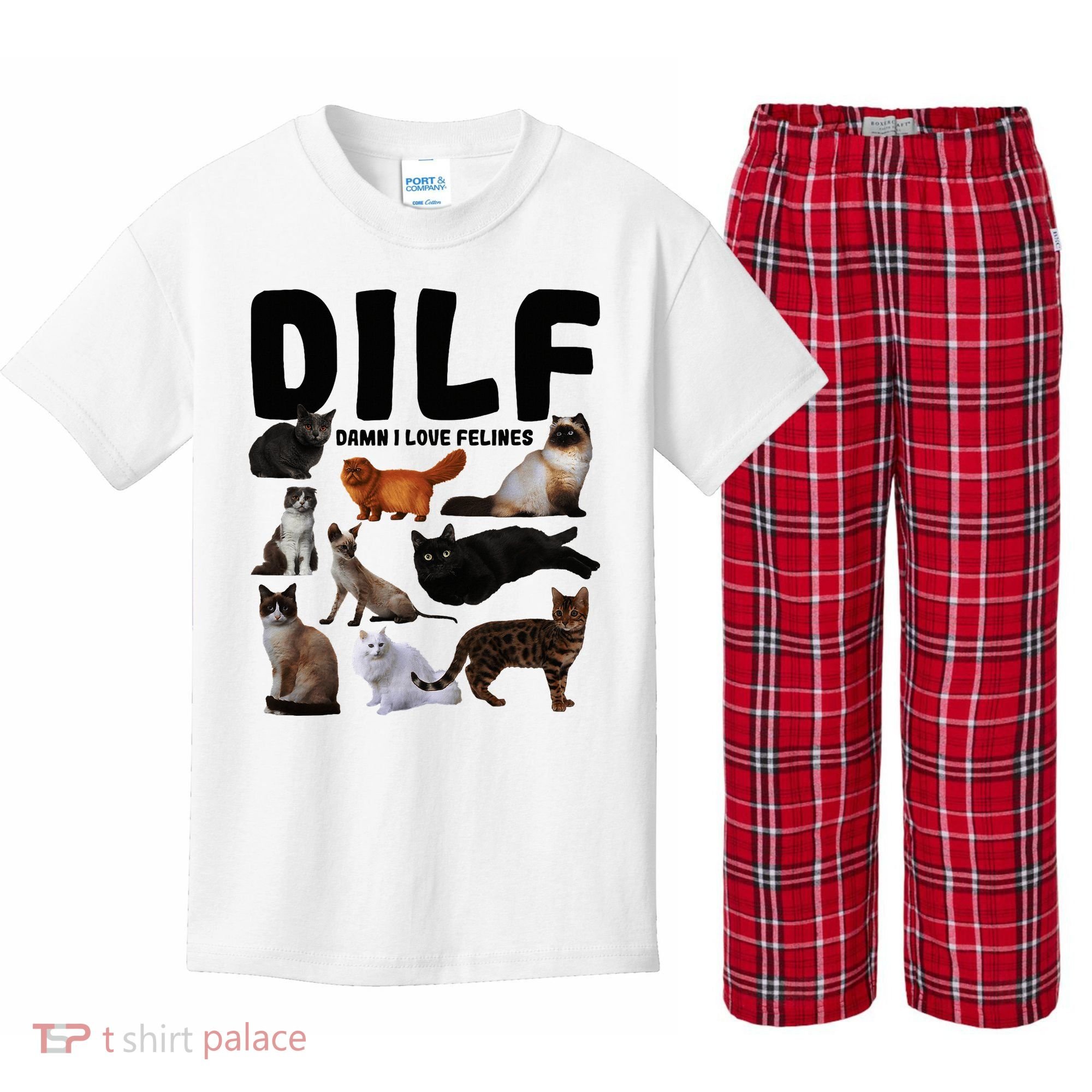 Dilf Damn I Love Felines Funny Cat Kitty Lover Kids Plaid Pajama Set