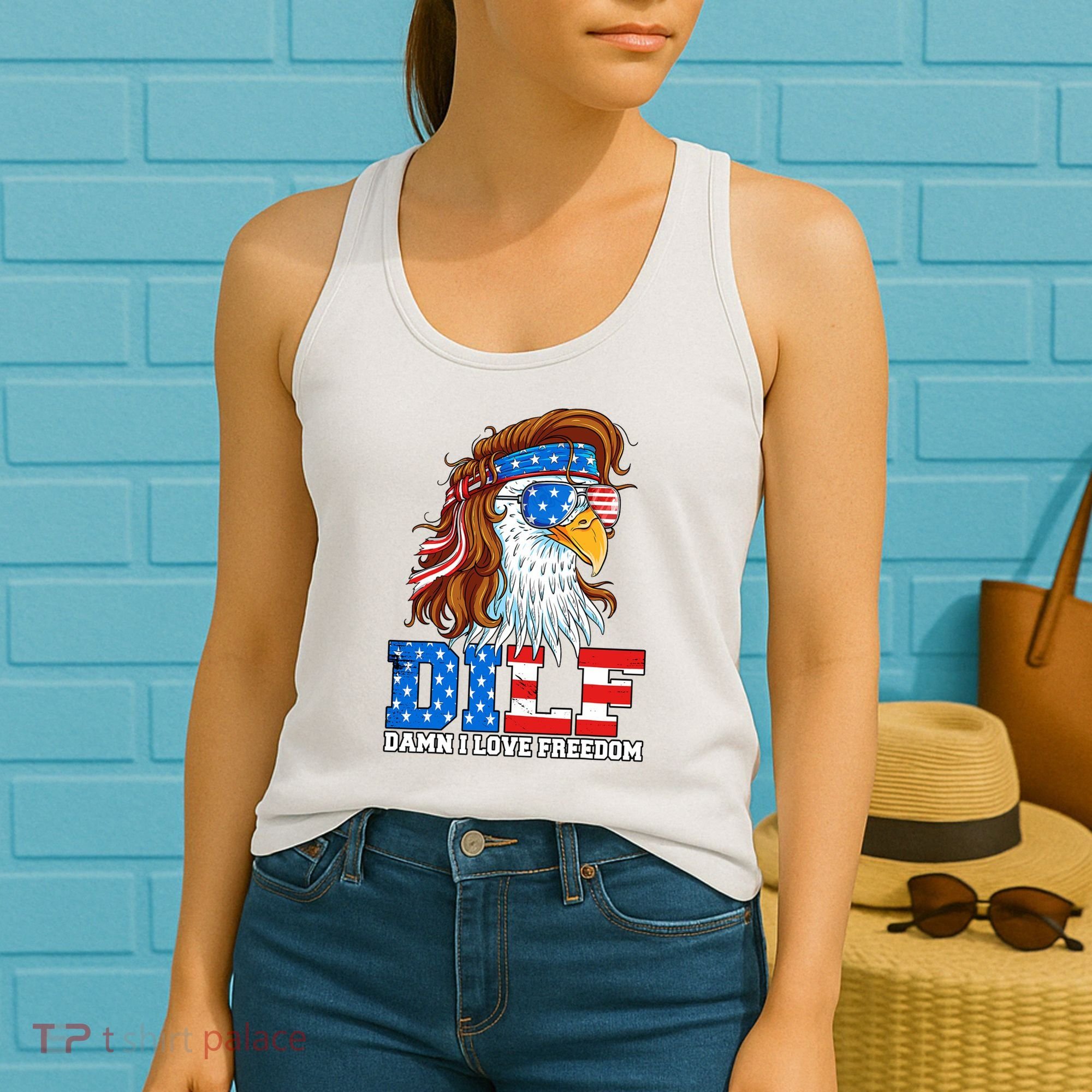 Dilf Damn I Love Freedom Eagle Funny Patriotic 4th Of July Women's Tank Top