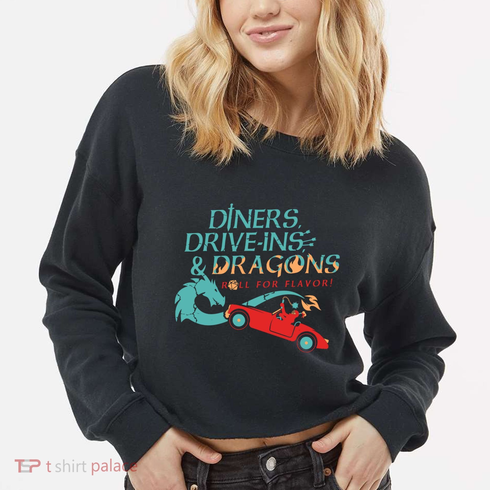 Diners Drive Ins And Dragons Roll For Flavor Cropped Pullover Crew