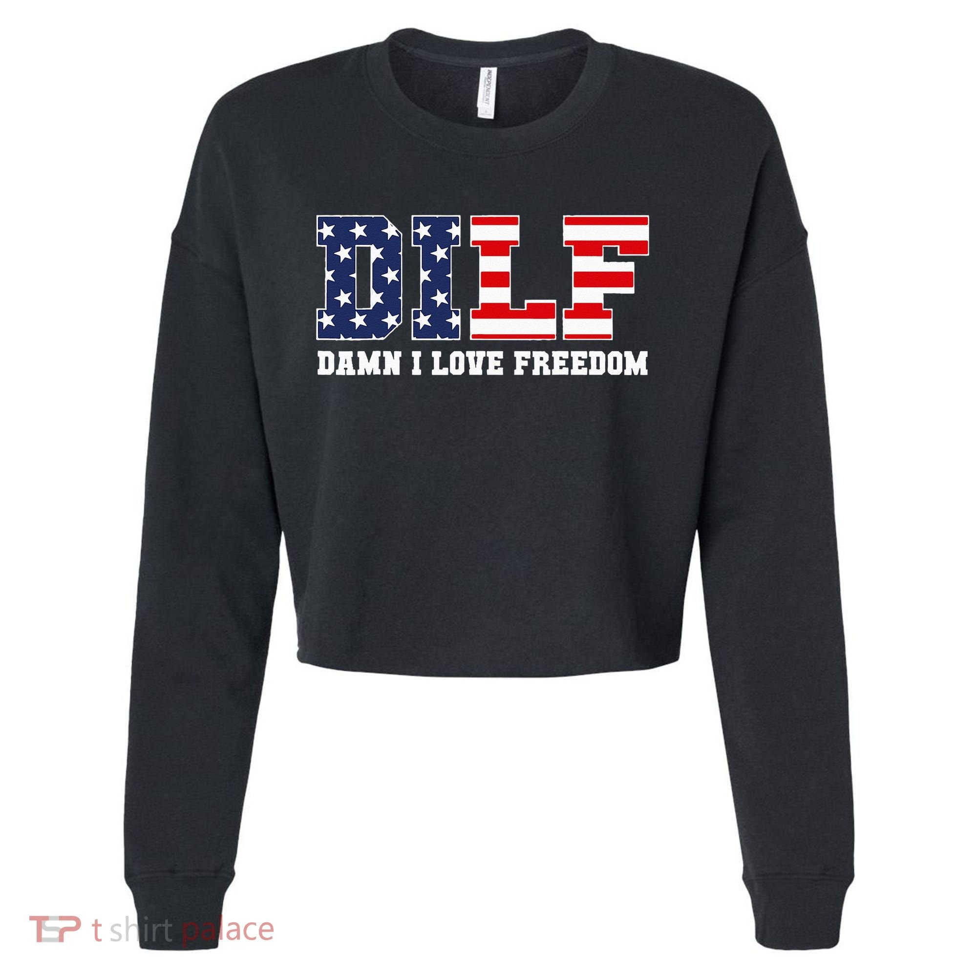 DILF Damn I Love Freedom Funny Patriotic 4th Of July Cropped Pullover Crew