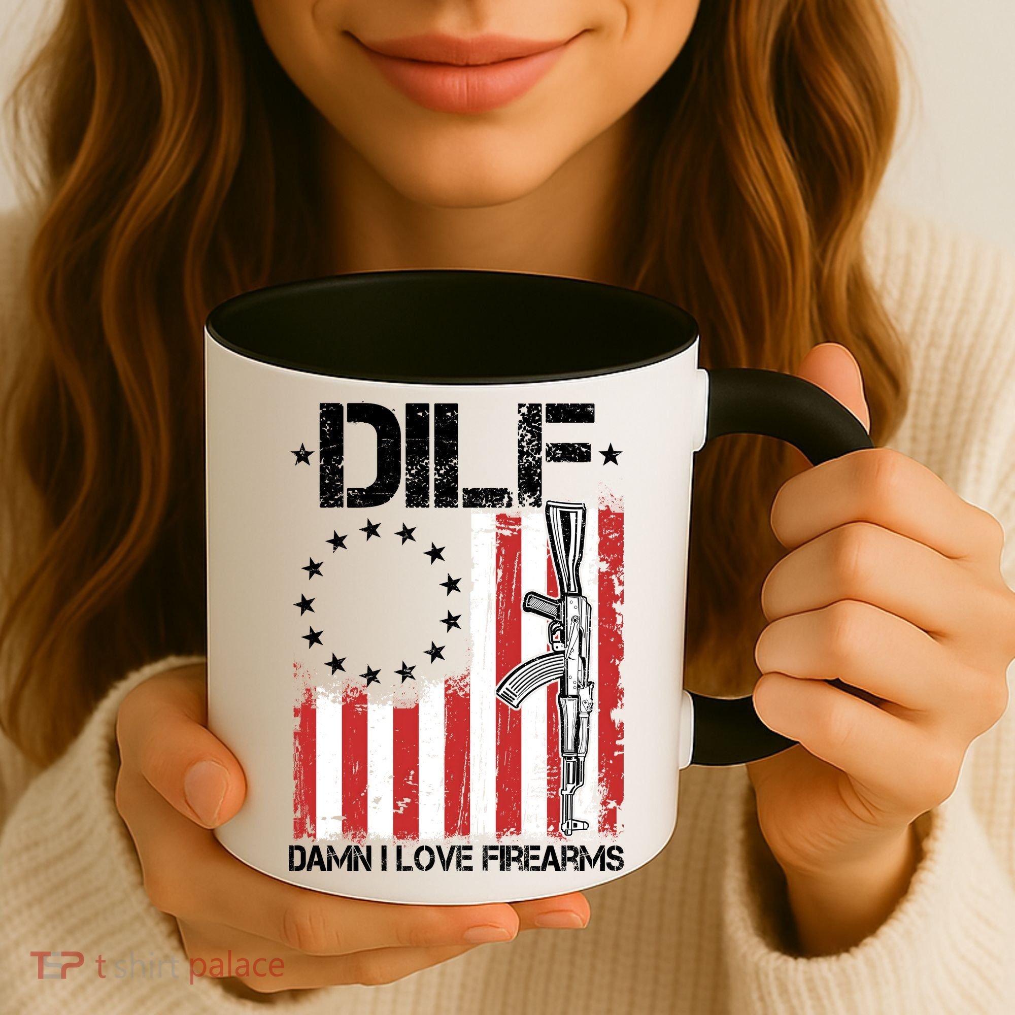 DILF Damn I Love Firearms Distressed USA American Flag Coffee Mug