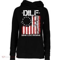 DILF Damn I Love Firearms Distressed USA American Flag Womens Funnel Neck Pullover Hood thumb 0