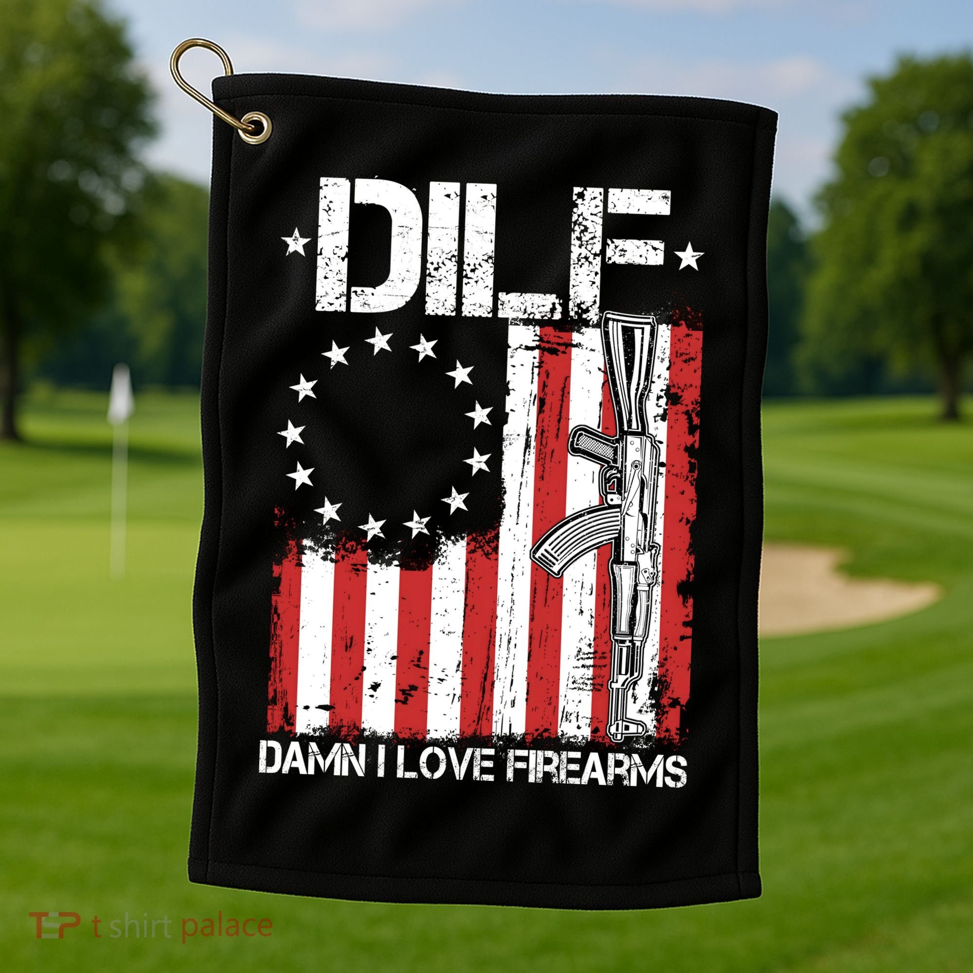 DILF Damn I Love Firearms Distressed USA American Flag Golf Towel