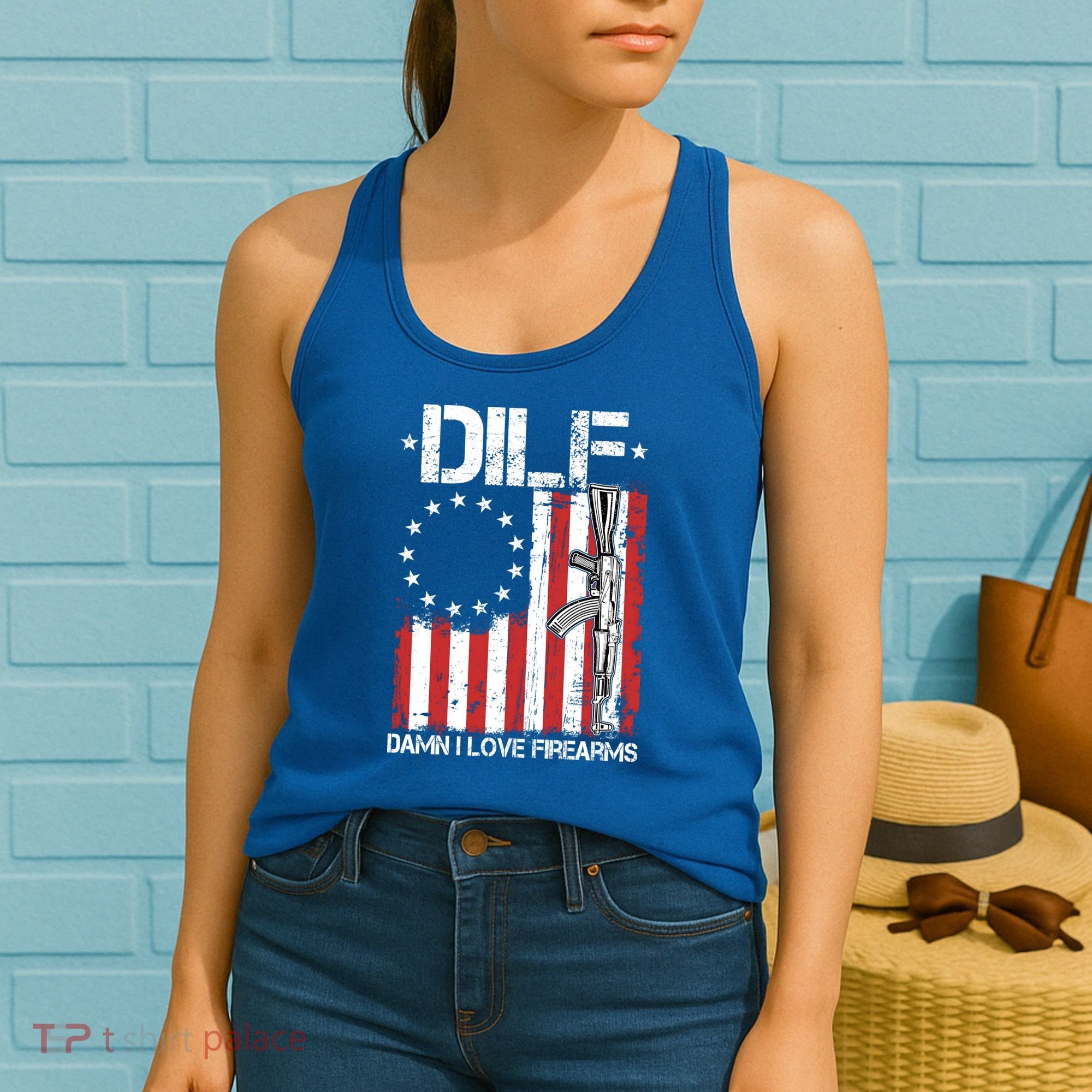 DILF Damn I Love Firearms Distressed USA American Flag Women's Tank Top