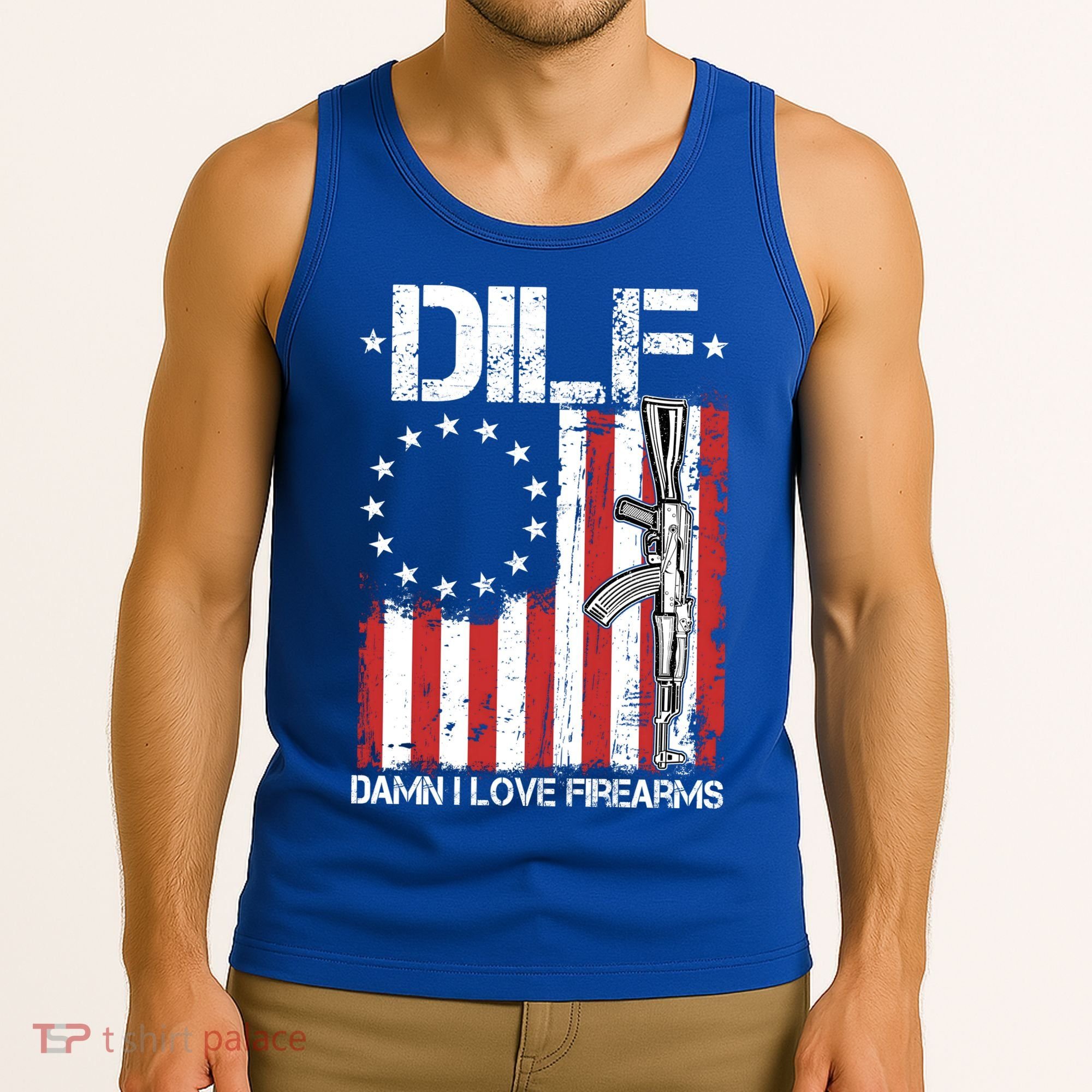 DILF Damn I Love Firearms Distressed USA American Flag Tank Top
