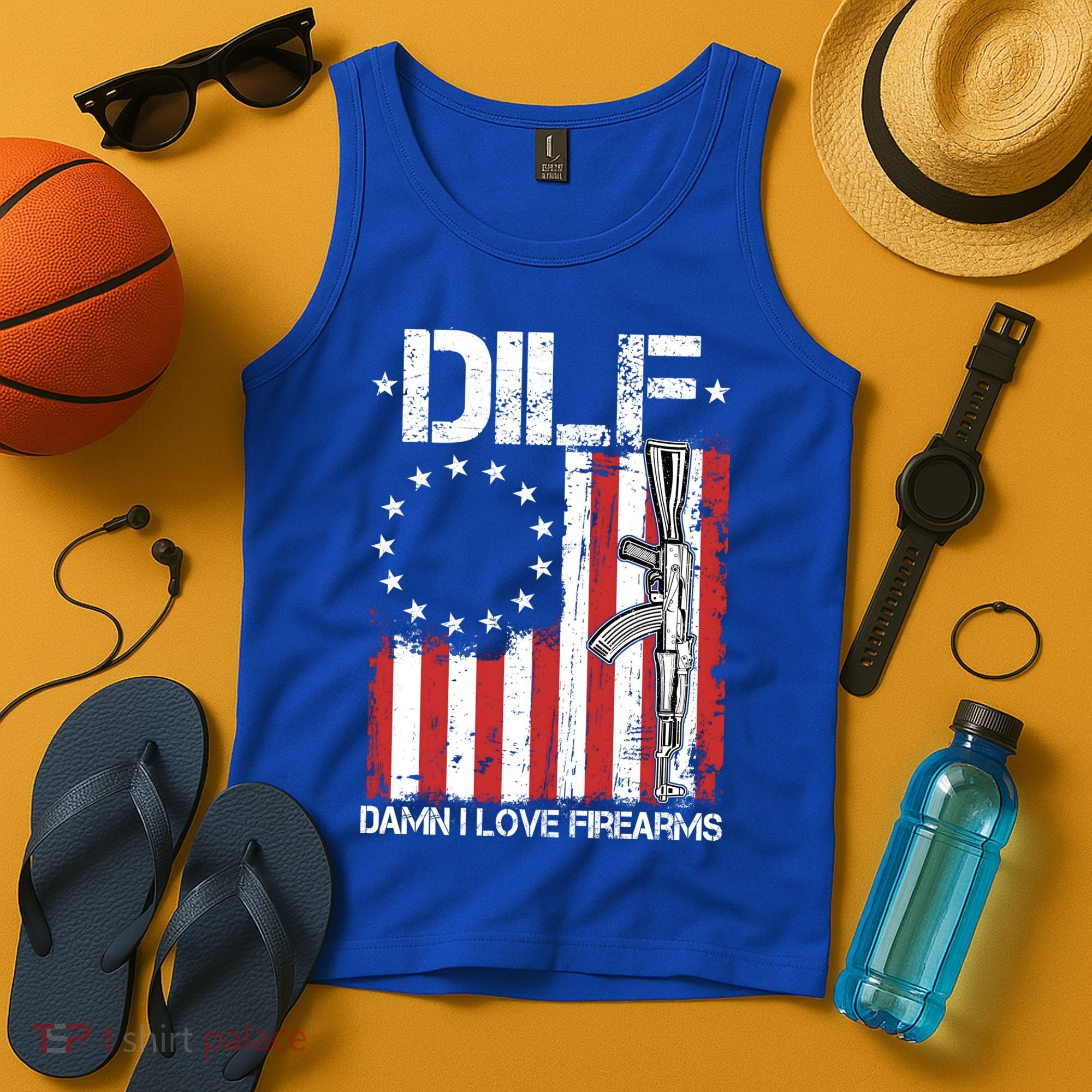 DILF Damn I Love Firearms Distressed USA American Flag Tank Top