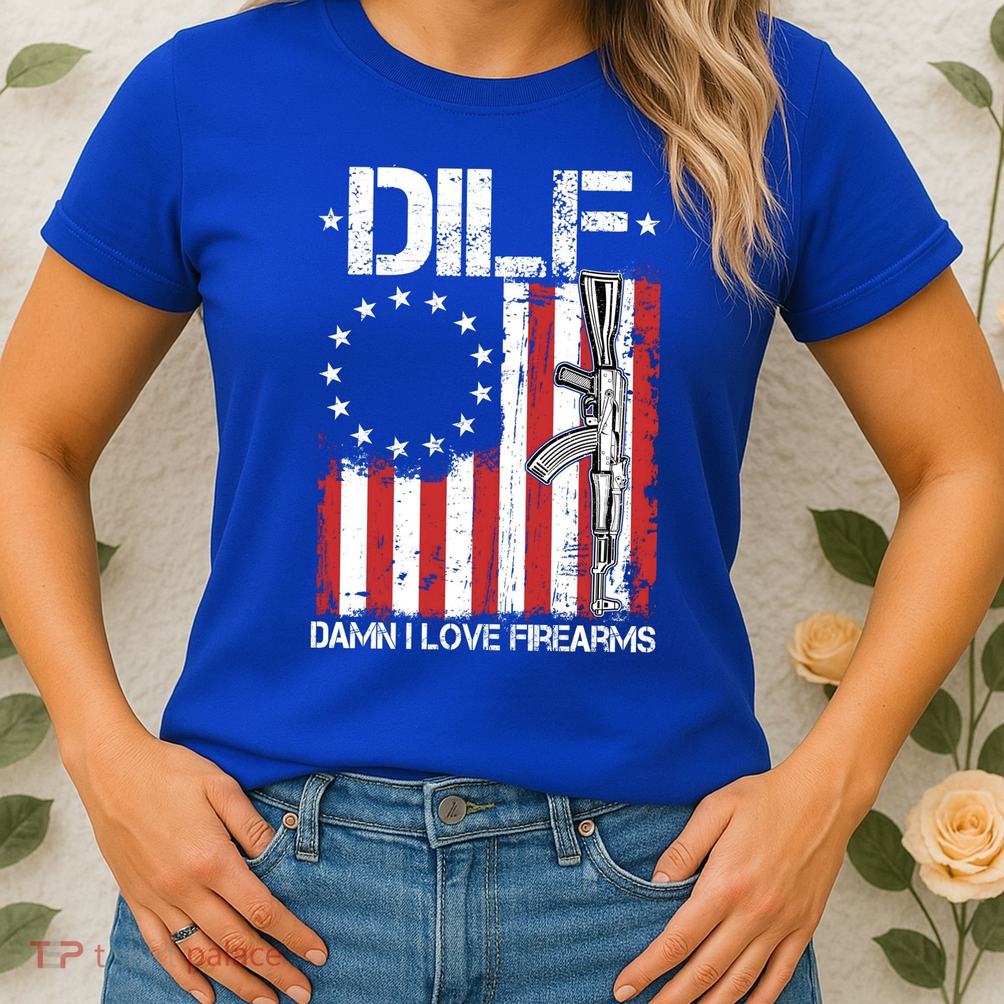 DILF Damn I Love Firearms Distressed USA American Flag Women's T-Shirt