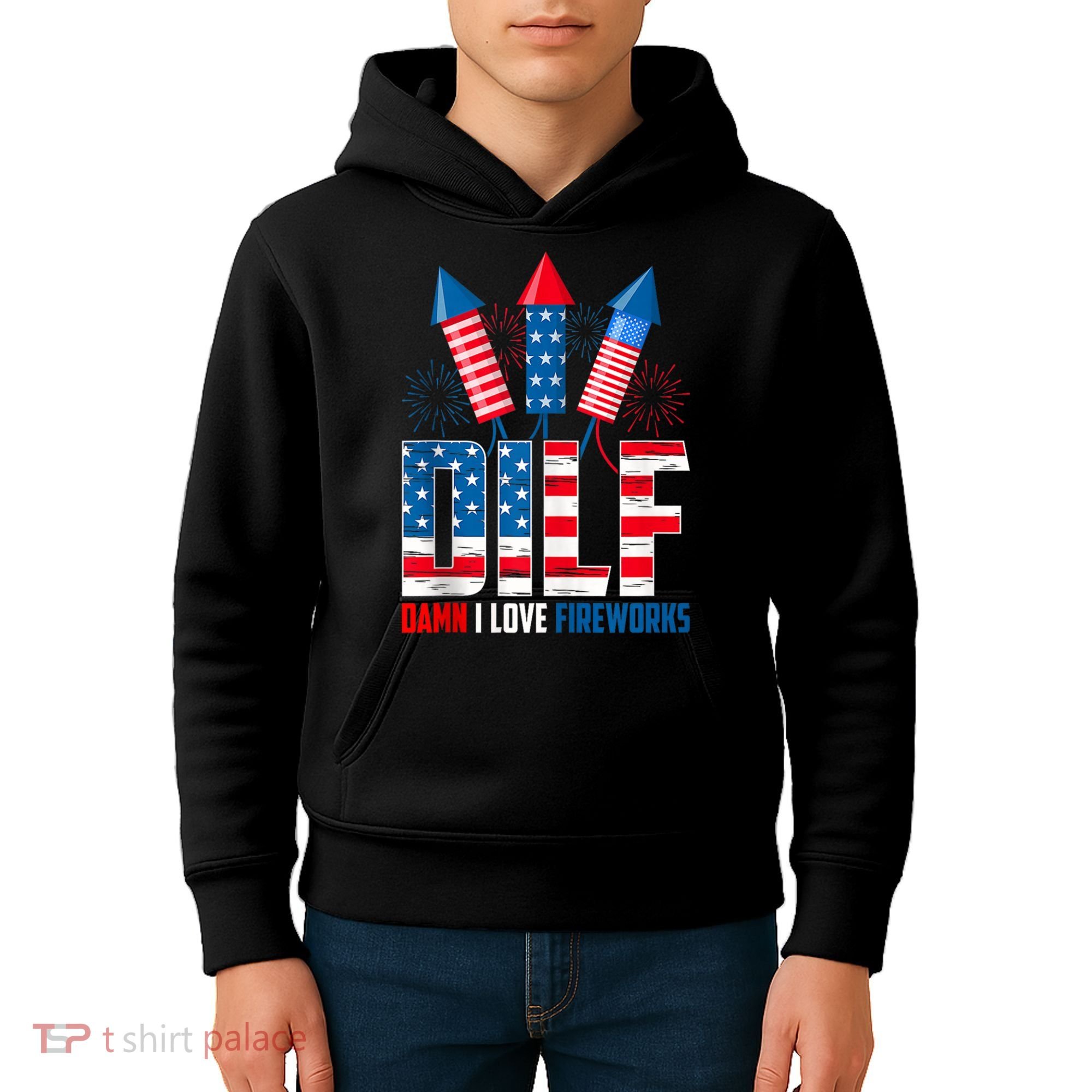 Dilf Damn I Love Fireworks Funny Patriotic America Freedom Kids Hoodie