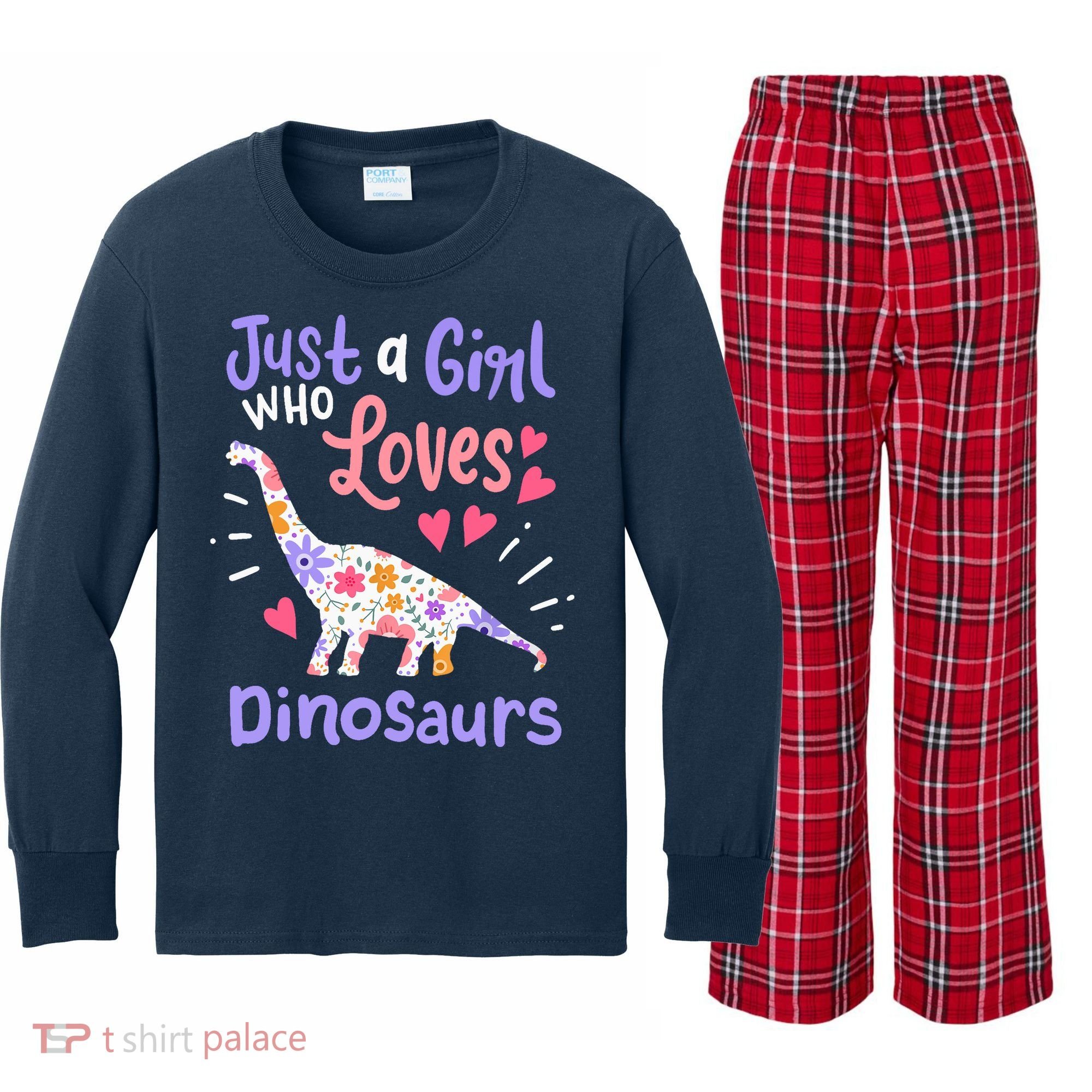 Dinosaur Dino Just a Girl Who Loves Dinosaurs Kids Long Sleeve Plaid Pajama Set