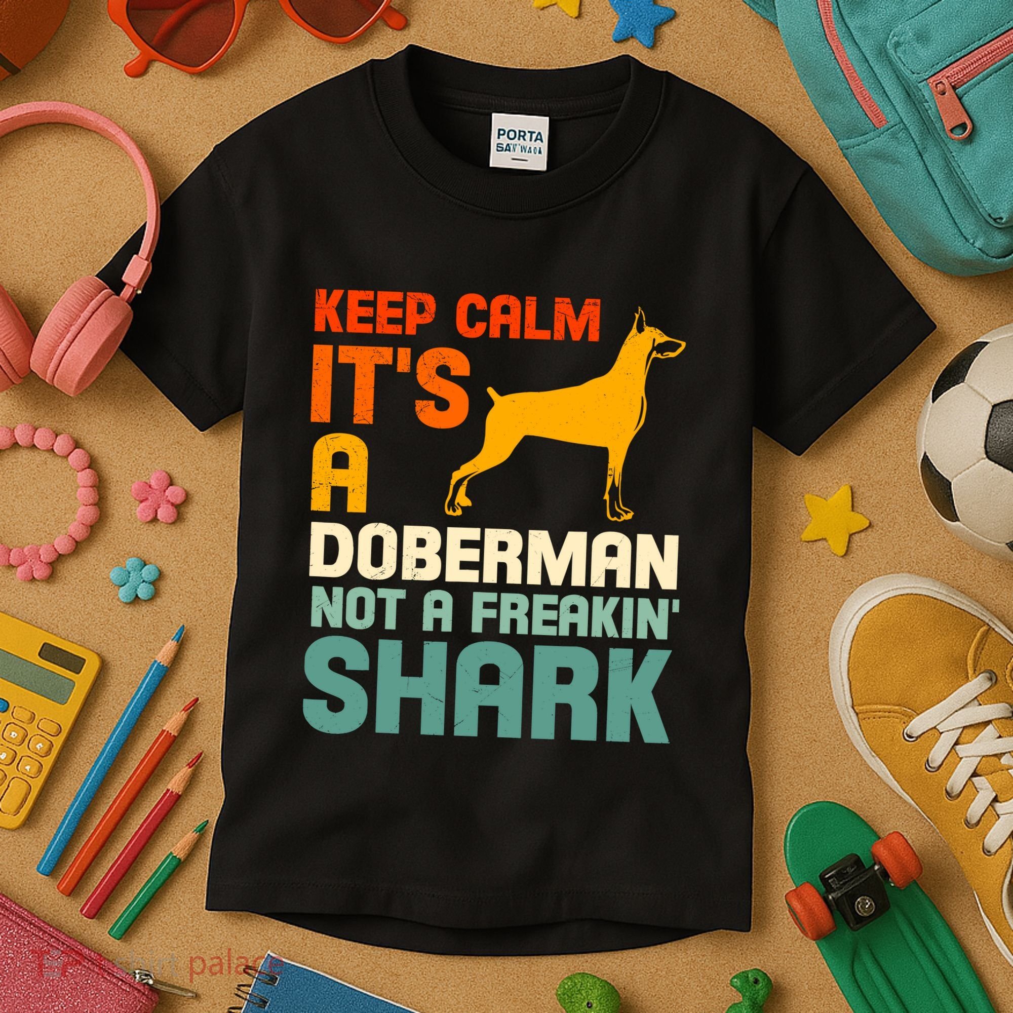 Doberman Dog Keep Calm ItS A Doberman Not A Shark Kids T-Shirt
