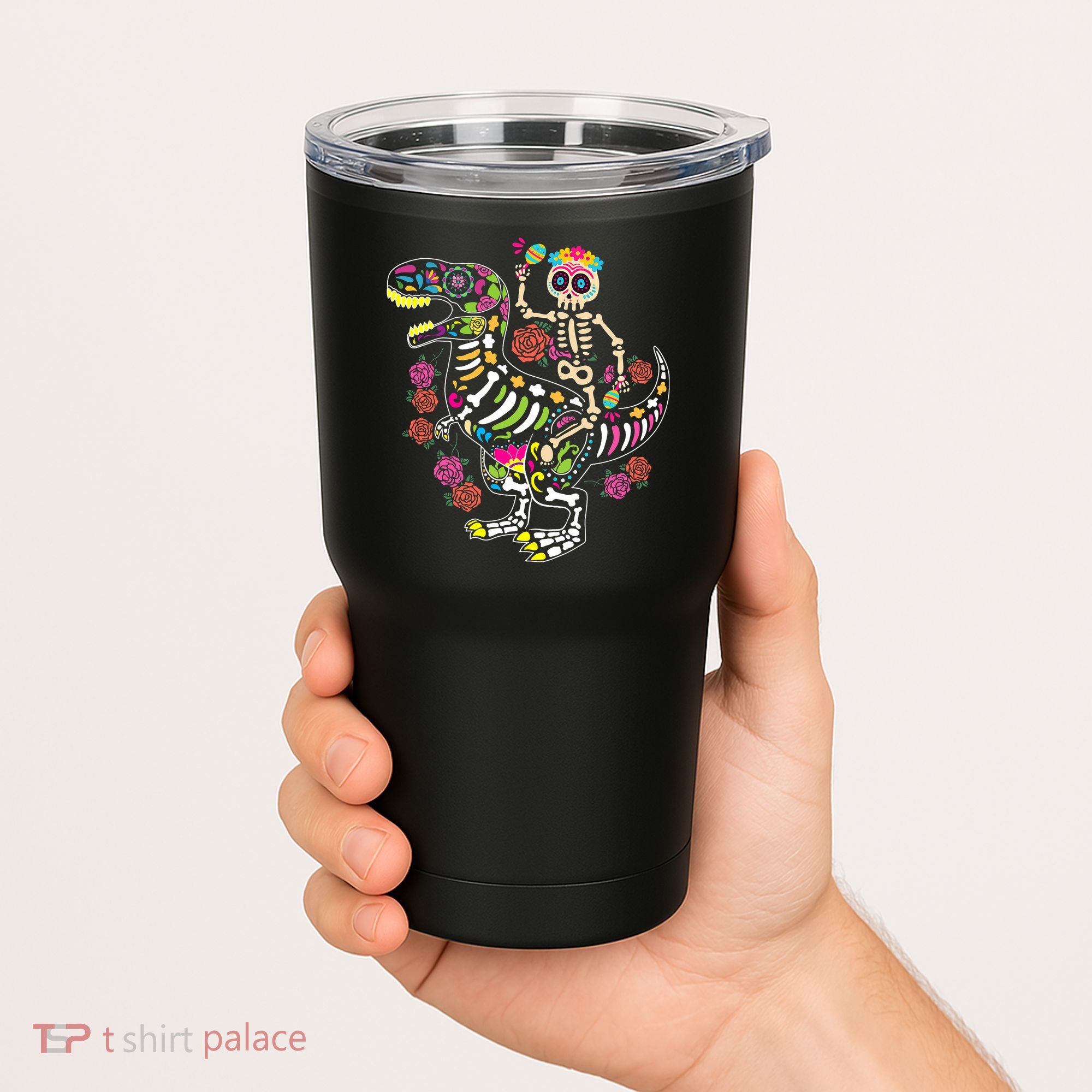Dia De Los Muertos Skeleton Riding Dinosaur Tumbler