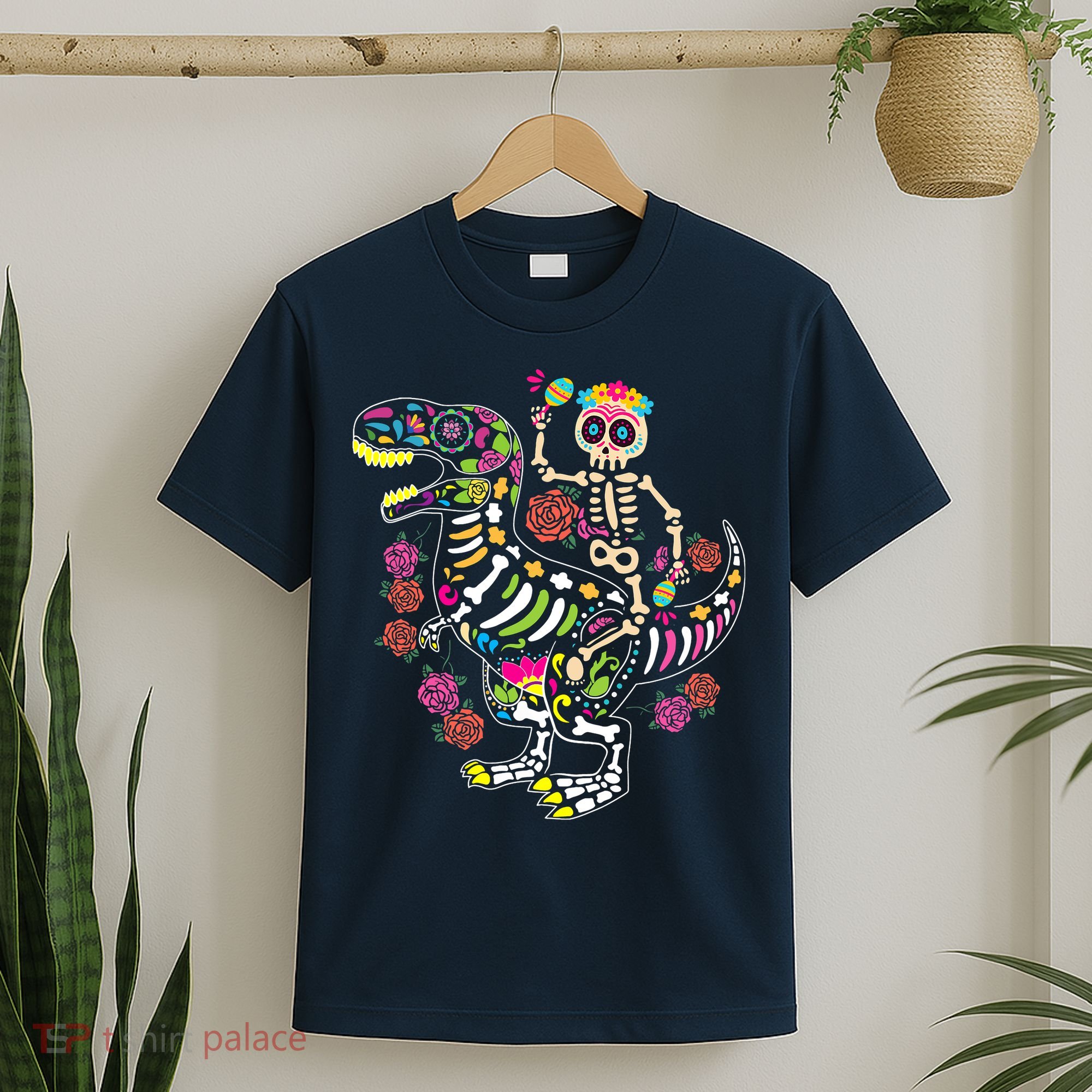 Dia De Los Muertos Skeleton Riding Dinosaur T-Shirt