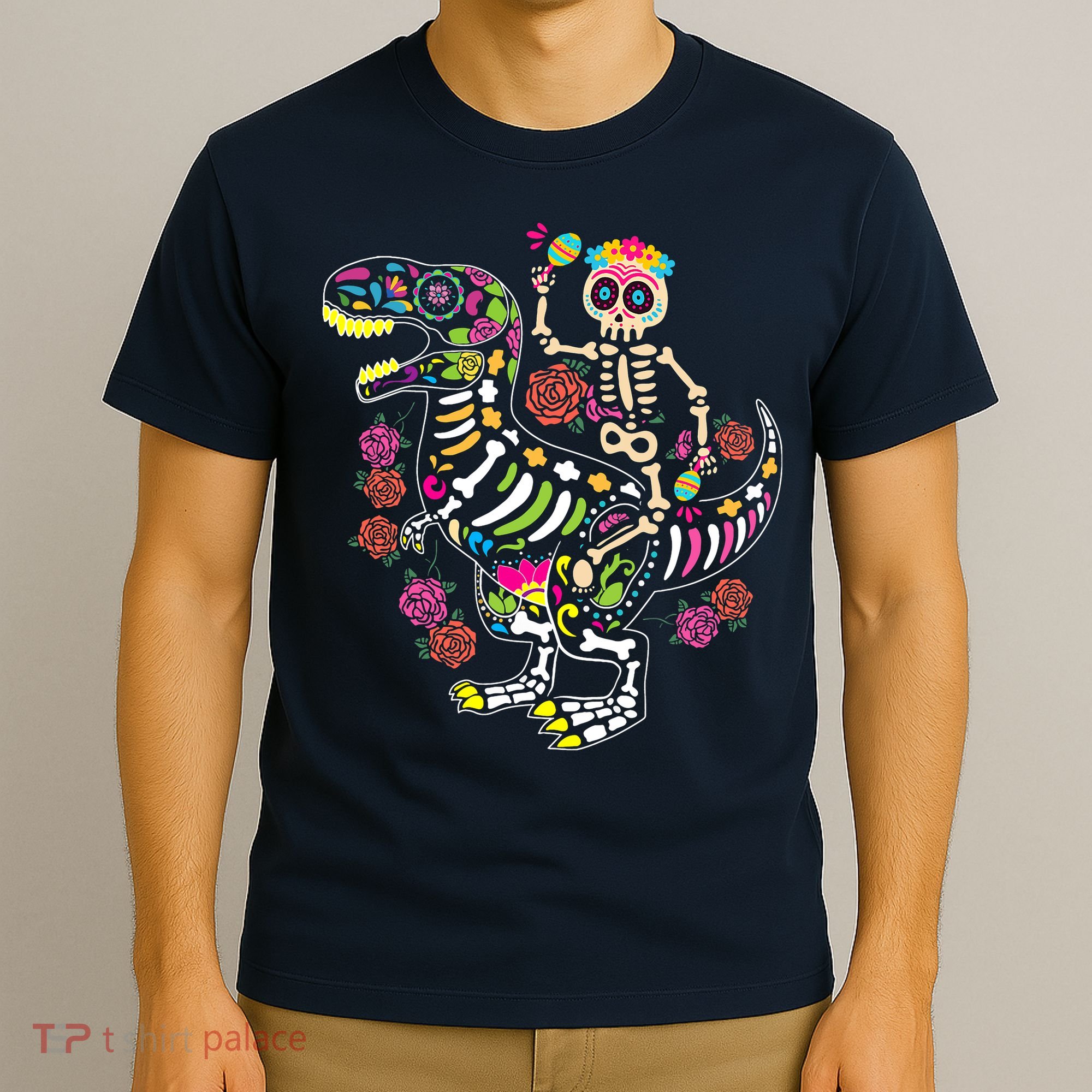 Dia De Los Muertos Skeleton Riding Dinosaur T-Shirt