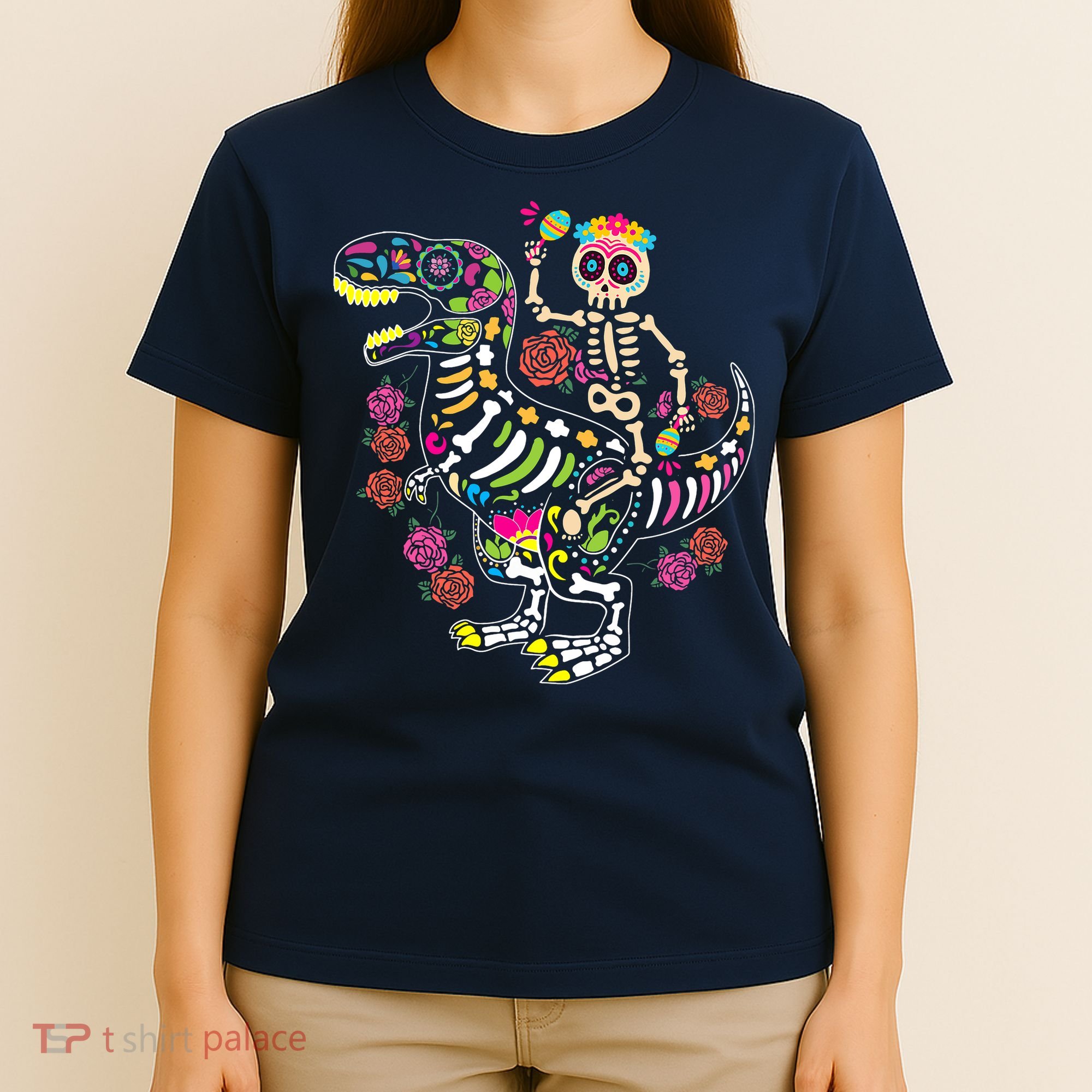 Dia De Los Muertos Skeleton Riding Dinosaur T-Shirt