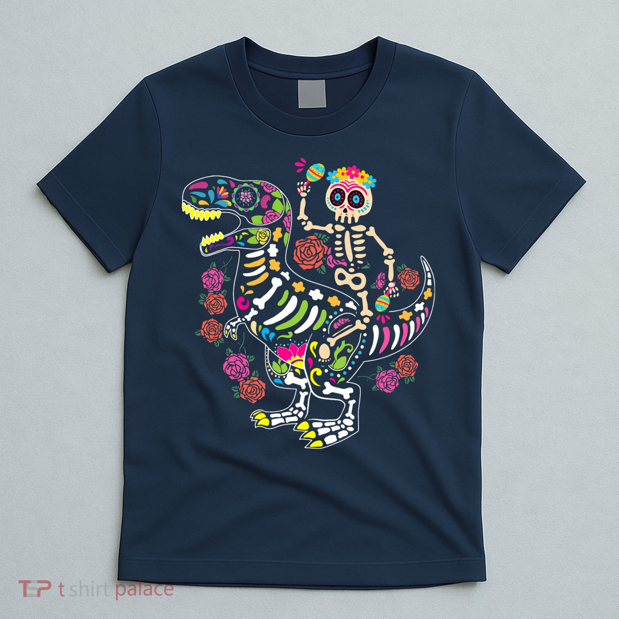 Dia De Los Muertos Skeleton Riding Dinosaur T-Shirt