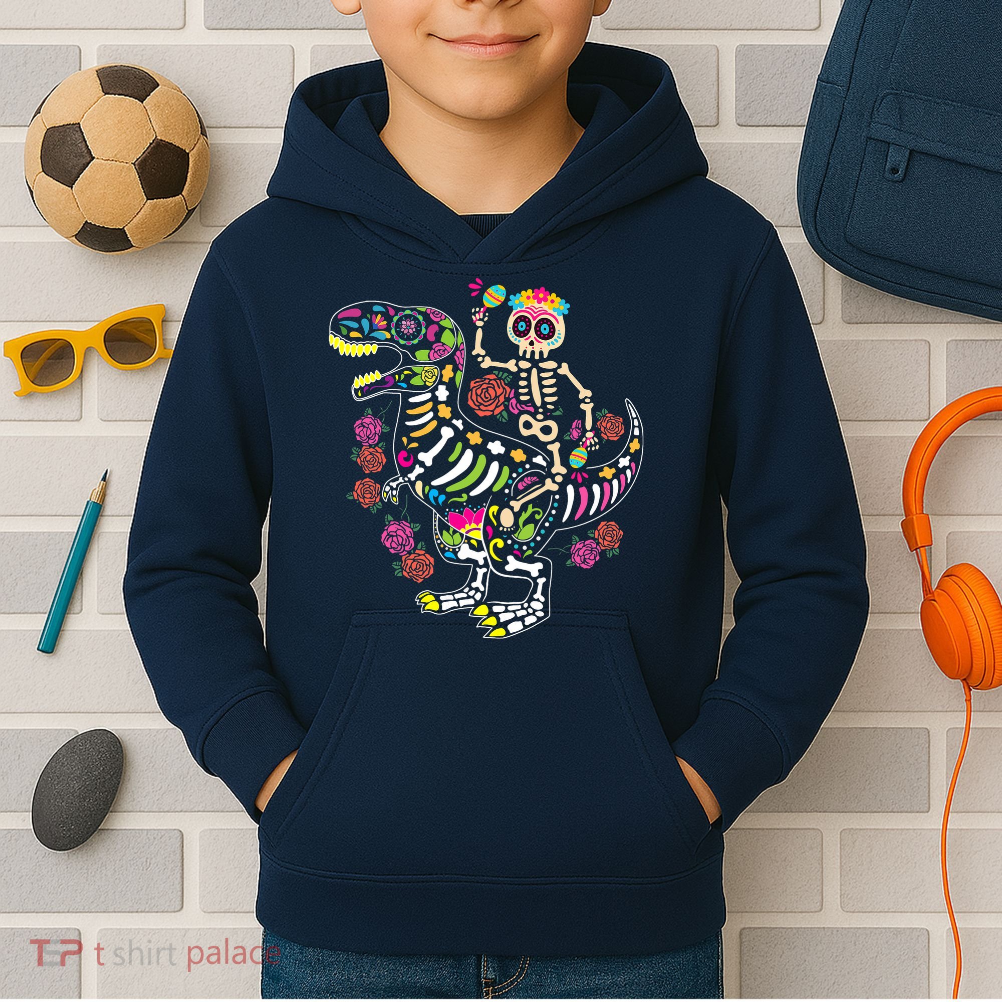 Dia De Los Muertos Skeleton Riding Dinosaur Kids Hoodie