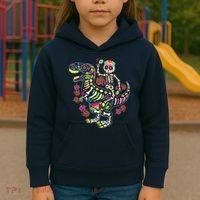 Dia De Los Muertos Skeleton Riding Dinosaur Kids Hoodie thumb 3