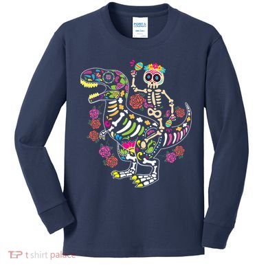 Dia De Los Muertos Skeleton Riding Dinosaur Kids Long Sleeve Shirt