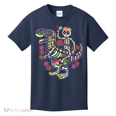 Dia De Los Muertos Skeleton Riding Dinosaur Kids T-Shirt