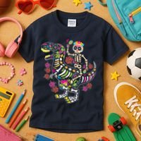 Dia De Los Muertos Skeleton Riding Dinosaur Kids T-Shirt thumb 3