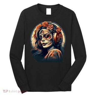 Dia De Los Muertos Calavera Retro Bomber Pinup Sugar Skull Long Sleeve Shirt