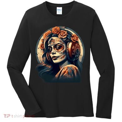 Dia De Los Muertos Calavera Retro Bomber Pinup Sugar Skull Women's Long Sleeve Shirt