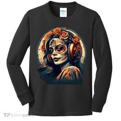 Dia De Los Muertos Calavera Retro Bomber Pinup Sugar Skull Kids Long Sleeve Shirt