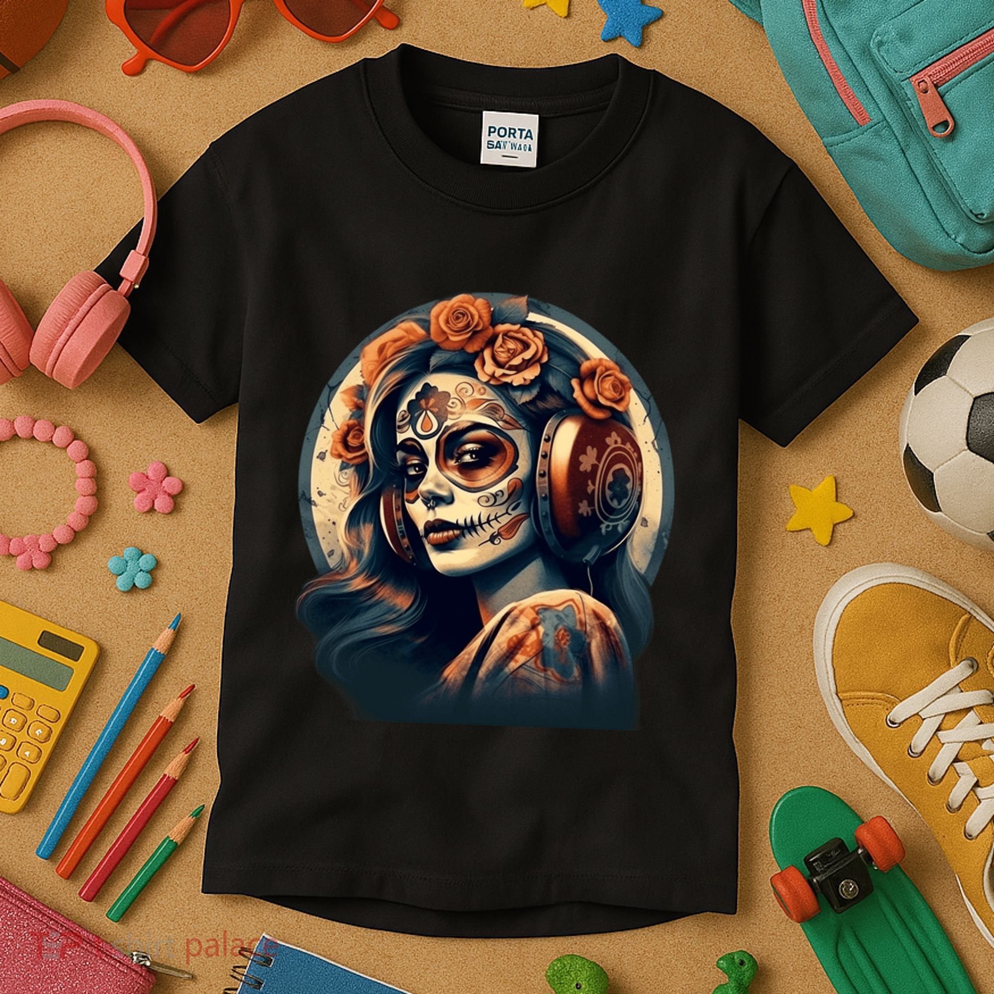 Dia De Los Muertos Calavera Retro Bomber Pinup Sugar Skull Kids T-Shirt