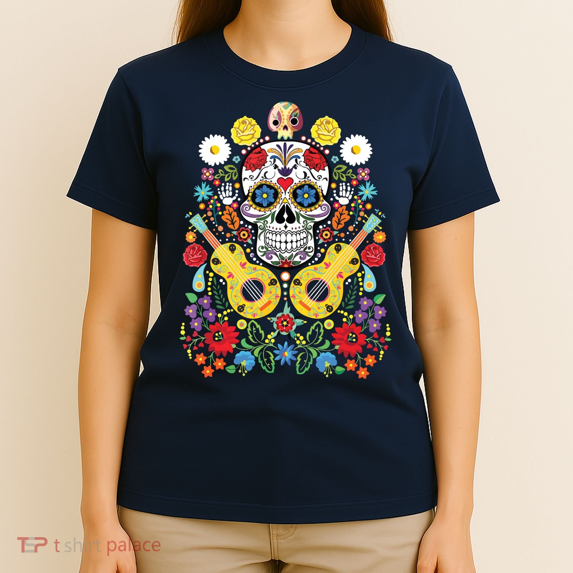 Dia De Los Muertos Day Of The Dead Sugar Skull Guitar Flower T-Shirt