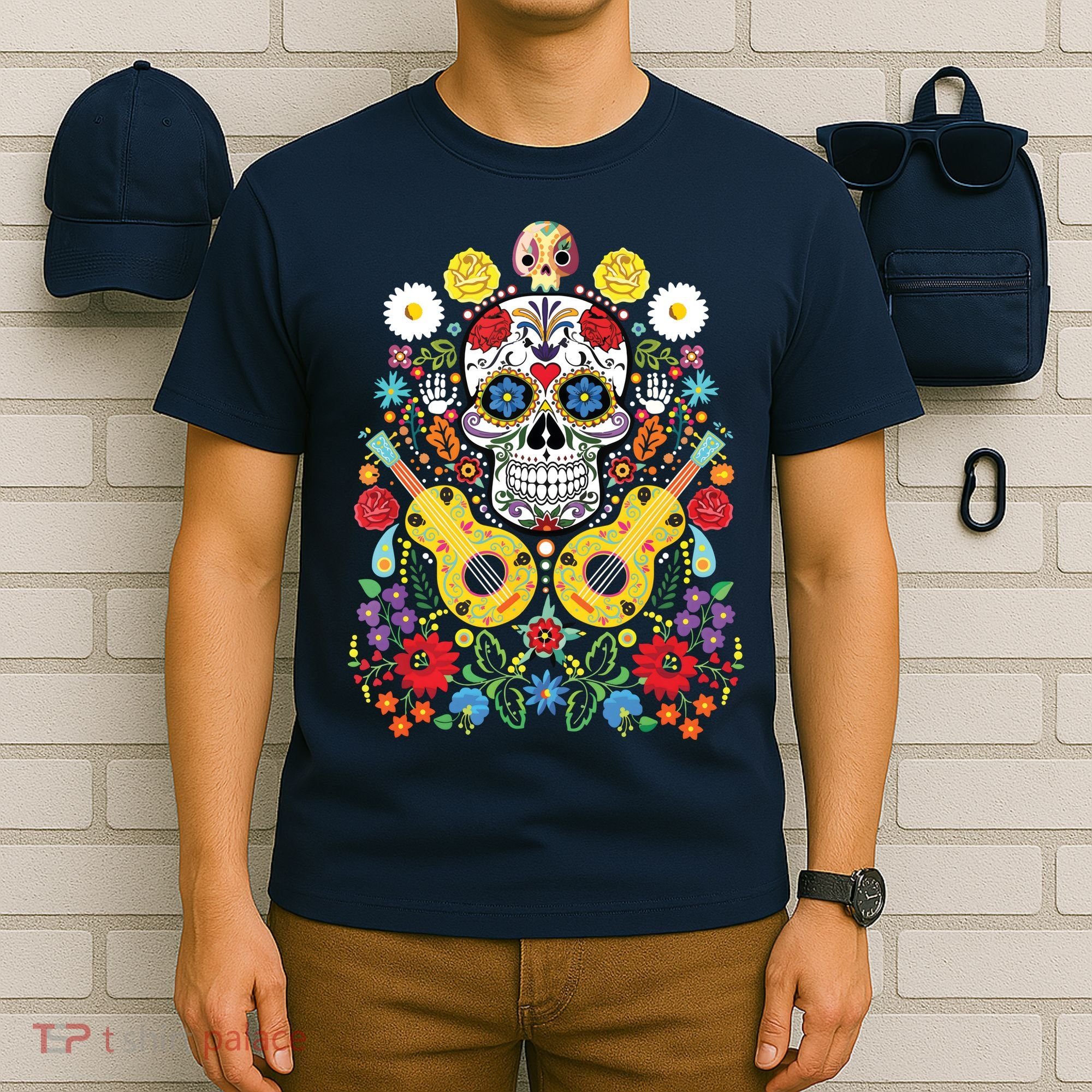 Dia De Los Muertos Day Of The Dead Sugar Skull Guitar Flower T-Shirt