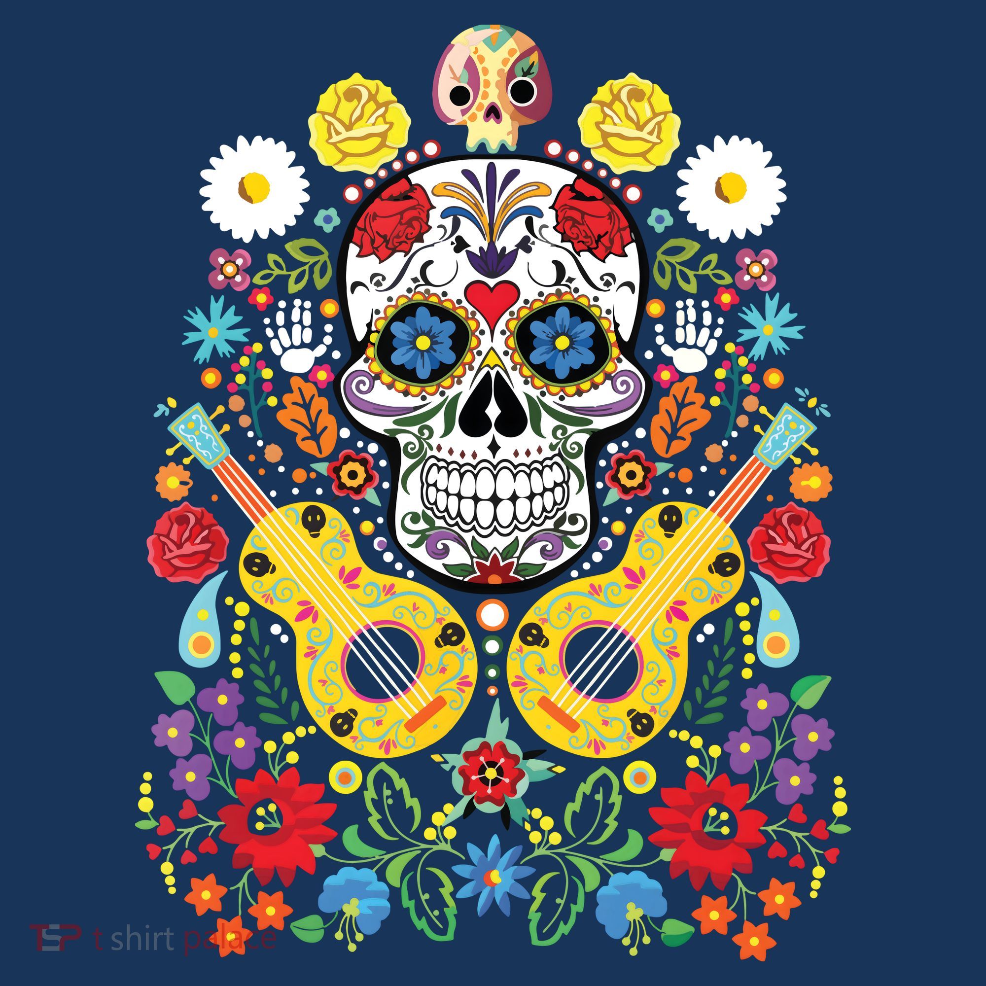 Dia De Los Muertos Day Of The Dead Sugar Skull Guitar Flower T-Shirt