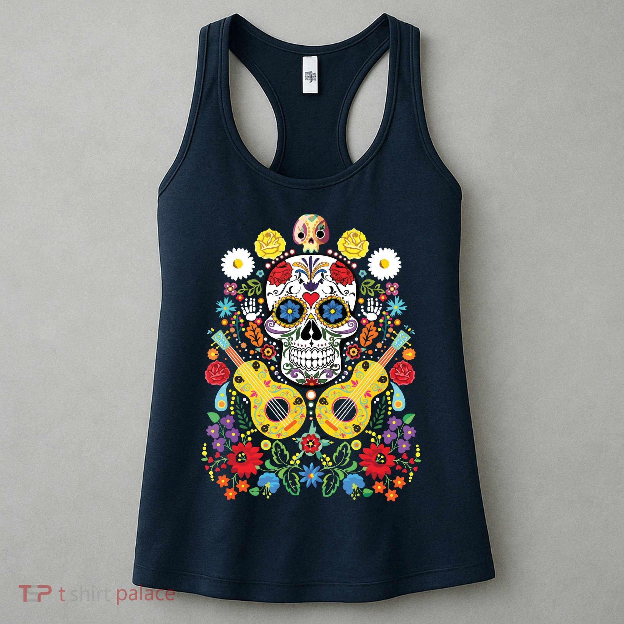 Dia De Los Muertos Day Of The Dead Sugar Skull Guitar Flower Women's Tank Top