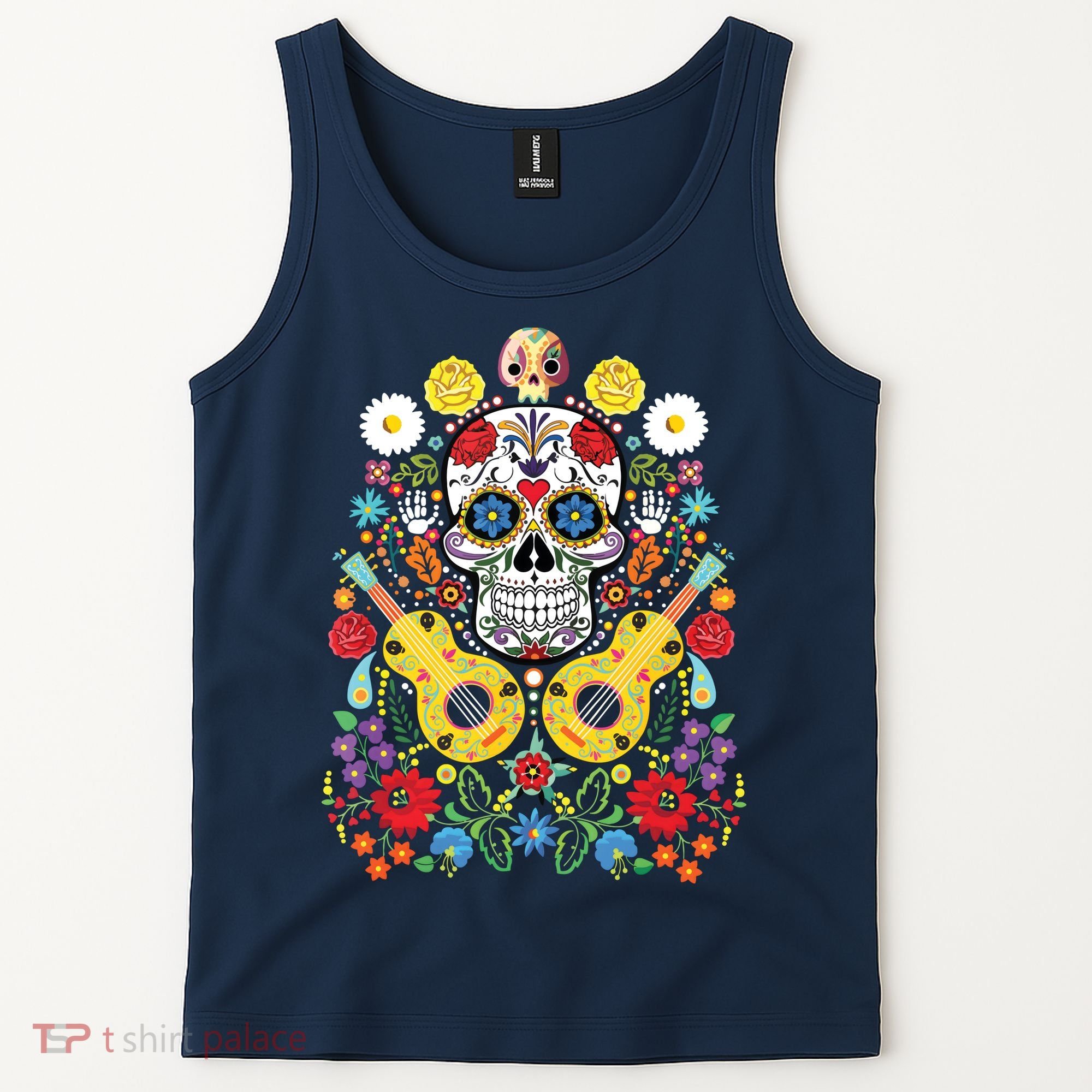Dia De Los Muertos Day Of The Dead Sugar Skull Guitar Flower Tank Top