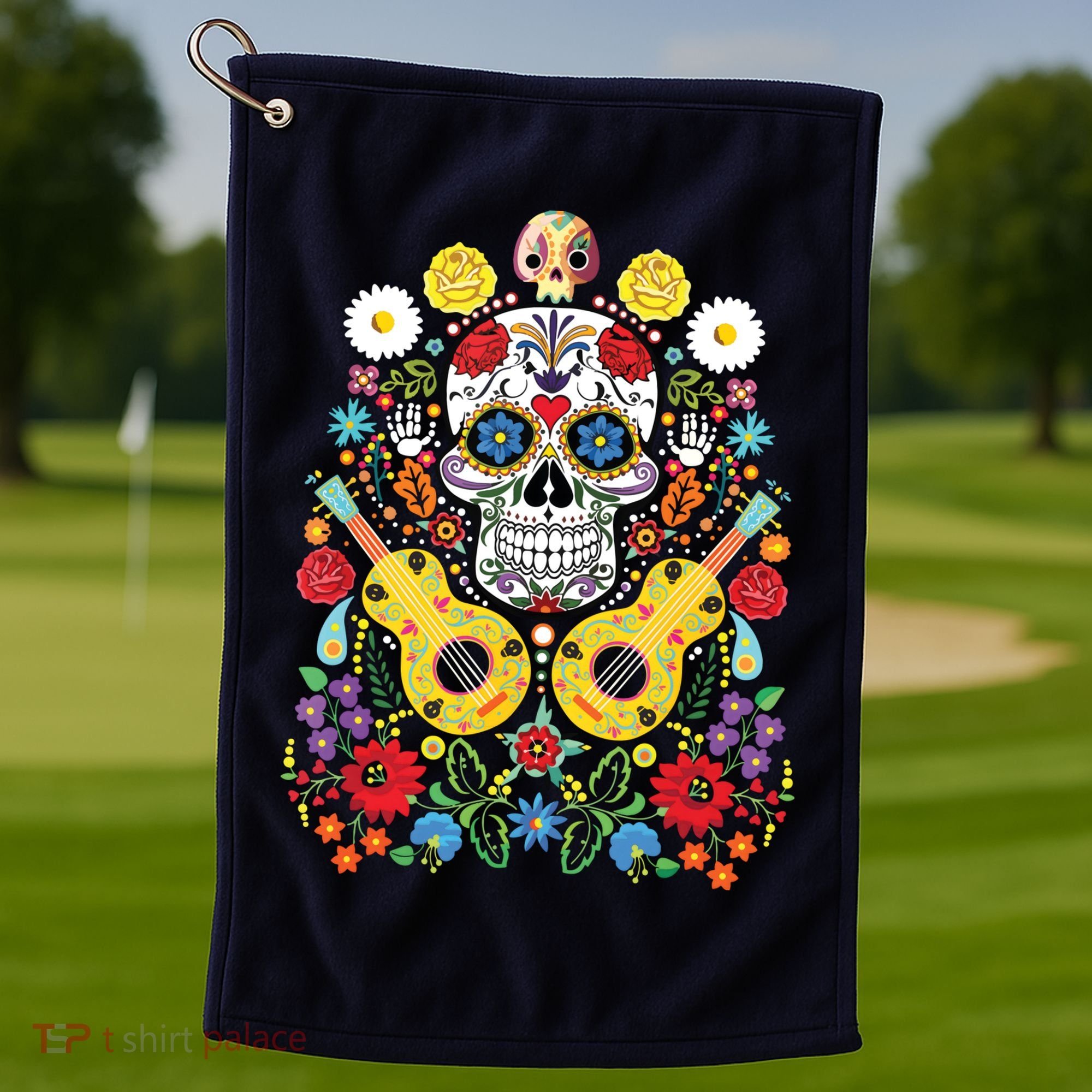 Dia De Los Muertos Day Of The Dead Sugar Skull Guitar Flower Golf Towel