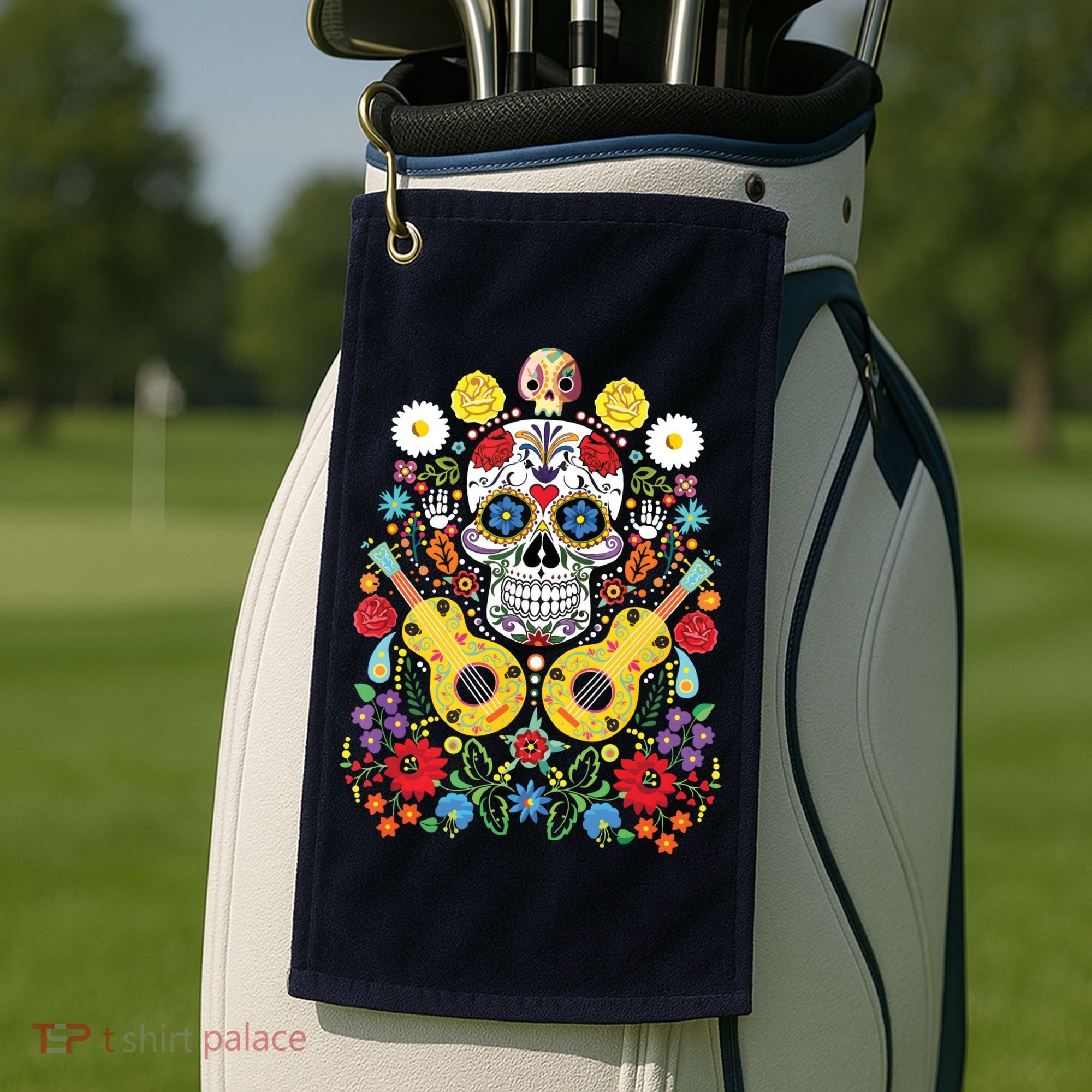 Dia De Los Muertos Day Of The Dead Sugar Skull Guitar Flower Golf Towel