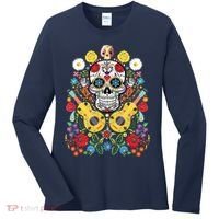 Dia De Los Muertos Day Of The Dead Sugar Skull Guitar Flower Women's Long Sleeve Shirt thumb 0